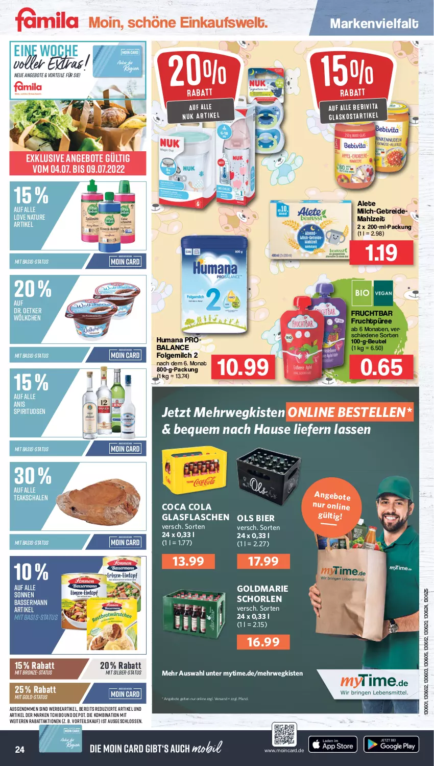 Aktueller Prospekt Famila - Prospekte - von 04.07 bis 09.07.2022 - strona 24 - produkty: angebot, angebote, beutel, bier, cola, Dr. Oetker, elle, flasche, folgemilch, frucht, glasflasche, goldmarie, LG, milch, natur, nuk, püree, roba, rwe, Schal, Schale, schorle, spirituosen, Tchibo, Ti, vita