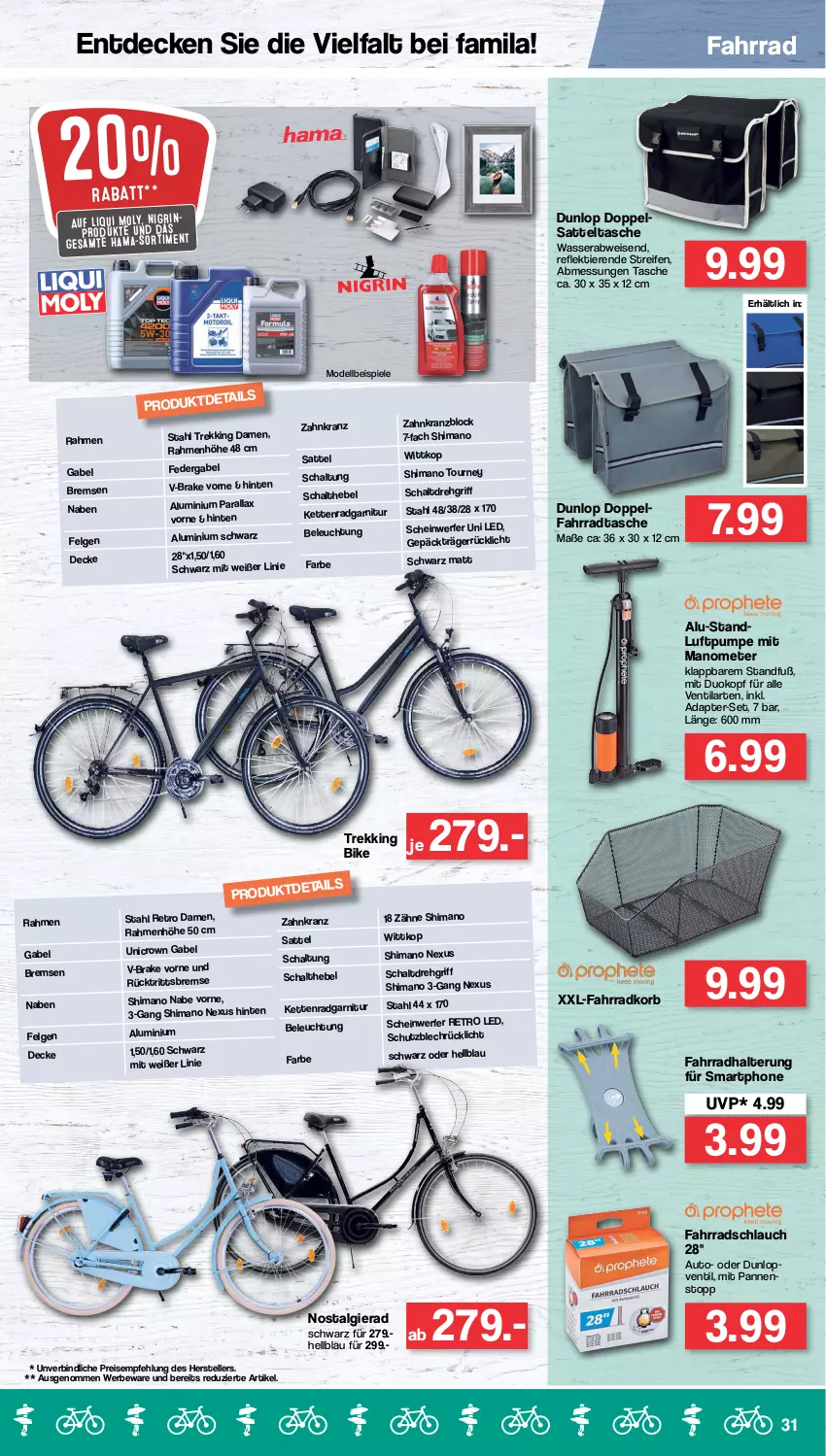 Aktueller Prospekt Famila - Prospekte - von 04.07 bis 09.07.2022 - strona 31 - produkty: adapter, auto, beleuchtung, decke, dell, dunlop, eis, elle, Fahrrad, Fahrradhalter, Fahrradtasche, felgen, gabel, garnitur, Kette, korb, Kranz, LG, Mode, nexus, reifen, reis, rücklicht, sattel, Schal, schlauch, shimano, smartphone, Spiele, Tasche, teller, Ti, Tiere, wasser