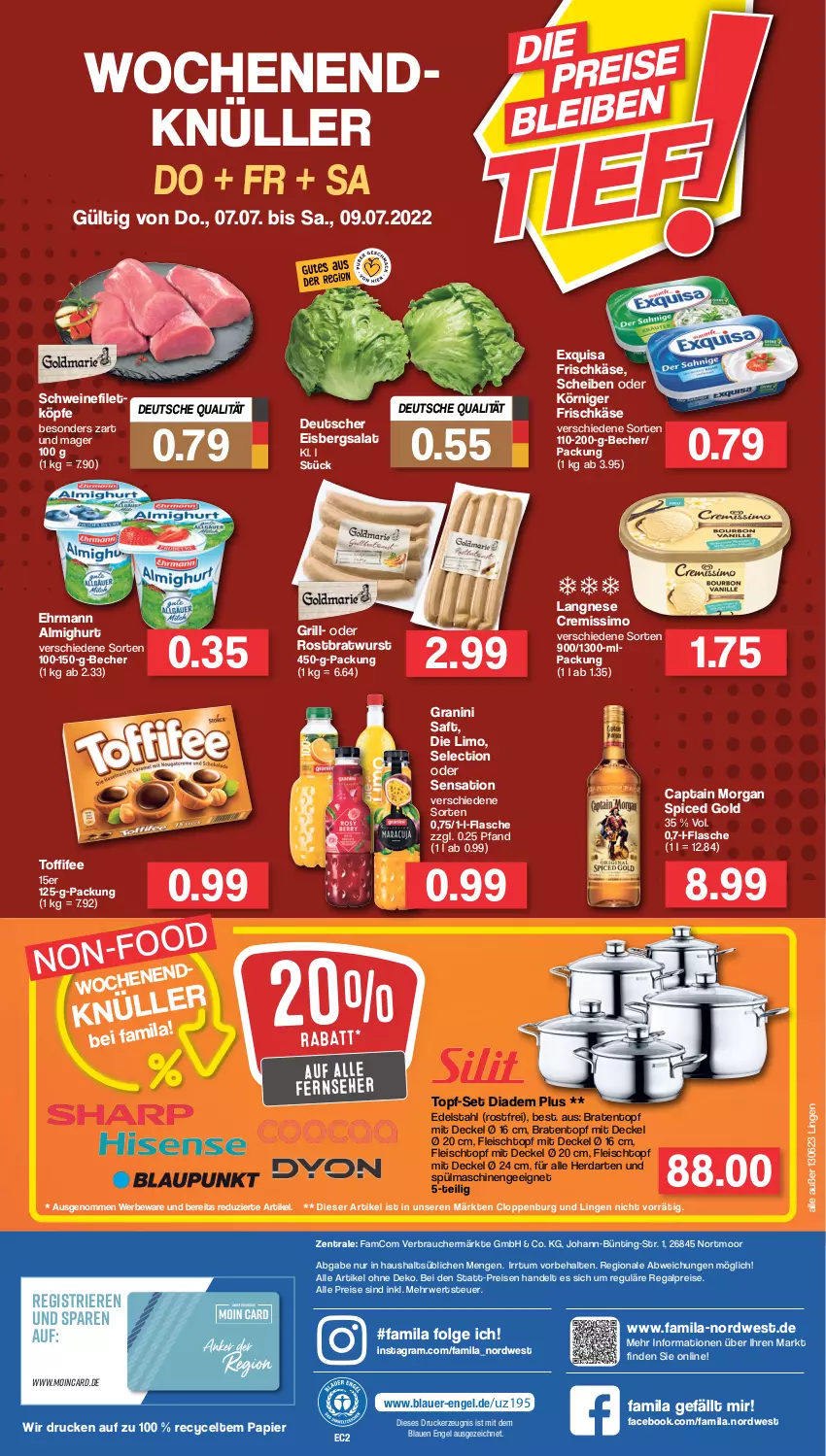 Aktueller Prospekt Famila - Prospekte - von 04.07 bis 09.07.2022 - strona 32 - produkty: almighur, almighurt, auer, Becher, braten, Bratentopf, bratwurst, Cap, captain morgan, cremissimo, decke, Deckel, diadem, drucker, edelstahl, ehrmann, ehrmann almighurt, eis, eisbergsalat, Engel, exquisa, exquisa frischkäse, fernseher, filet, flasche, fleisch, Fleischtopf, frischkäse, granini, grill, herdarten, Käse, kerze, Körniger Frischkäse, langnese, langnese cremissimo, LG, limo, ndk, papier, Rauch, regal, reis, rostbratwurst, rwe, saft, salat, schwein, schweine, schweinefilet, sim, spülmaschinen, Ti, toffifee, topf, topf-set, wein, weine, wurst