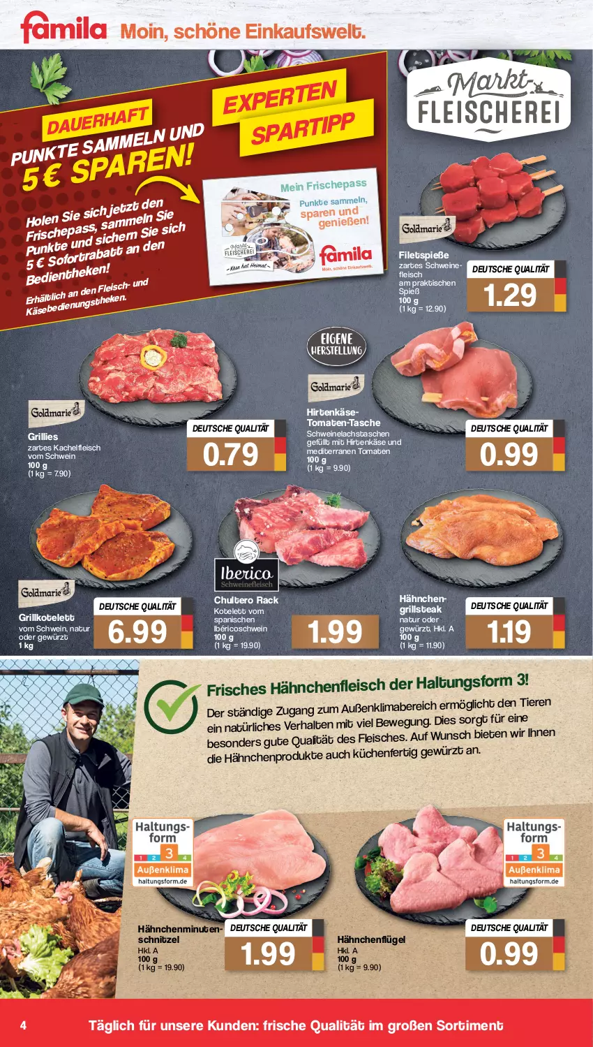 Aktueller Prospekt Famila - Prospekte - von 04.07 bis 09.07.2022 - strona 4 - produkty: eis, filet, filets, fleisch, gewürz, grill, grillkotelett, Hähnchenfleisch, hähnchenflügel, hirtenkäse, Käse, kotelett, küche, Küchen, lachs, mac, natur, Schere, schnitzel, schwein, schweine, schweinefleisch, Schweinelachs, steak, Tasche, taschen, Ti, Tiere, tisch, tomate, tomaten, wein, weine