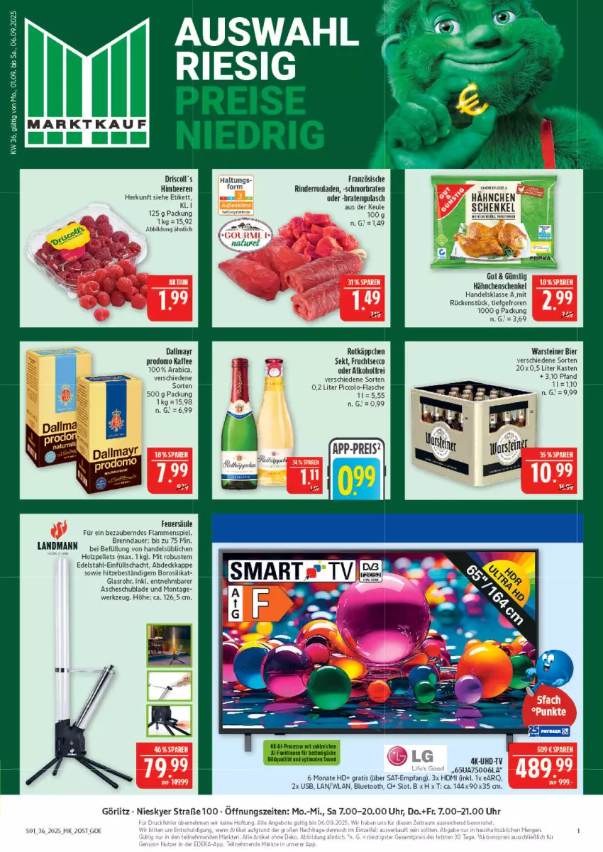 Aktueller Prospekt Marktkauf - Prospekt - von 31.08 bis 06.09.2025 - strona 1 - produkty: alkohol, auer, beere, beeren, berndes, bier, braten, dallmayr, ecco, edelstahl, elle, flasche, frucht, fruchtsecco, gulasch, hähnchenschenkel, HDMI, henkel, himbeer, himbeere, himbeeren, Holz, Holzpellets, kaffee, lamm, Pellets, prodomo, rind, rinder, Rinderroulade, rinderrouladen, rotkäppchen, rouladen, schenkel, schmorbraten, sekt, steiner, Ti, uhd, UHD-TV, uhr, usb, warsteiner, werkzeug