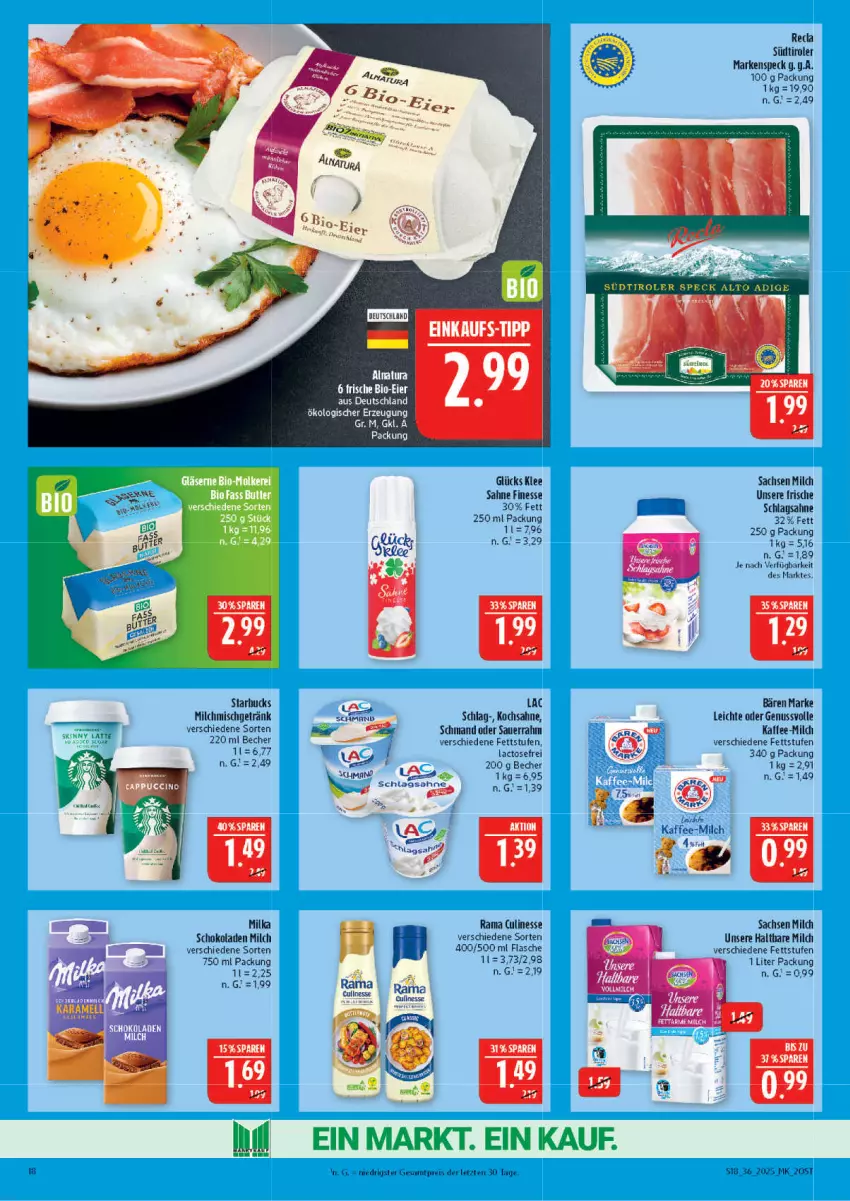 Aktueller Prospekt Marktkauf - Prospekt - von 31.08 bis 06.09.2025 - strona 18 - produkty: auer, Becher, bio, culinesse, eier, eis, elle, finesse, flasche, getränk, haltbare milch, kaffee, milch, milka, milka schokolade, nuss, rama, Rama Culinesse, reis, sac, sahne, Sauerrahm, schlagsahne, schmand, schoko, schokolade, schokoladen, Speck, starbucks, südtiroler, Ti, ZTE