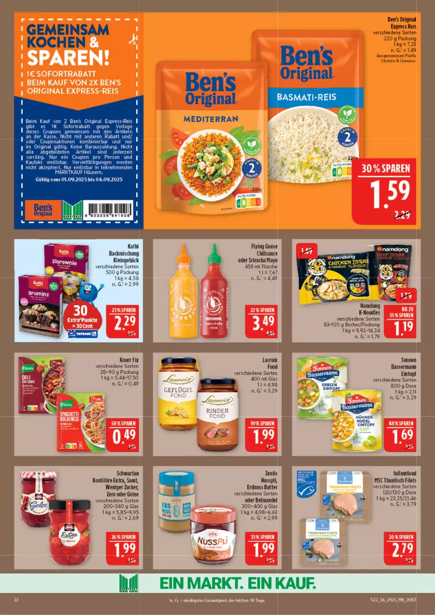 Aktueller Prospekt Marktkauf - Prospekt - von 31.08 bis 06.09.2025 - strona 22 - produkty: backmischung, basmati, basmati-reis, Becher, Belmandel, Ben’s Original, butter, chili, chorizo, eintopf, eis, erdnuss, filet, filets, fisch, flasche, gelee, gin, knorr, knorr fix, konfitüre, konfitüre extra, mandel, nuss, nusspli, paella, reis, sauce, Sriracha, thunfisch, thunfisch filets, Ti, topf, Yo, zentis, ZTE, zucker