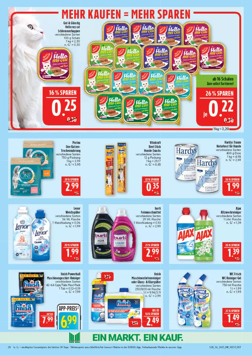 Aktueller Prospekt Marktkauf - Prospekt - von 31.08 bis 06.09.2025 - strona 28 - produkty: ajax, aktionspreis, allzweckreiniger, ball, beef, burti, Cap, deka, eis, feinwaschmittel, Finish, flasche, geschirr, klarspüler, kraft, lenor, lenor weichspüler, natur, nuss, powerball, purina, reiniger, reiniger gel, reis, Schal, Schale, snack, snacks, Ti, Trockennahrung, vita, vitakraft, waschmittel, wc frisch, weck, weichspüler, ZTE