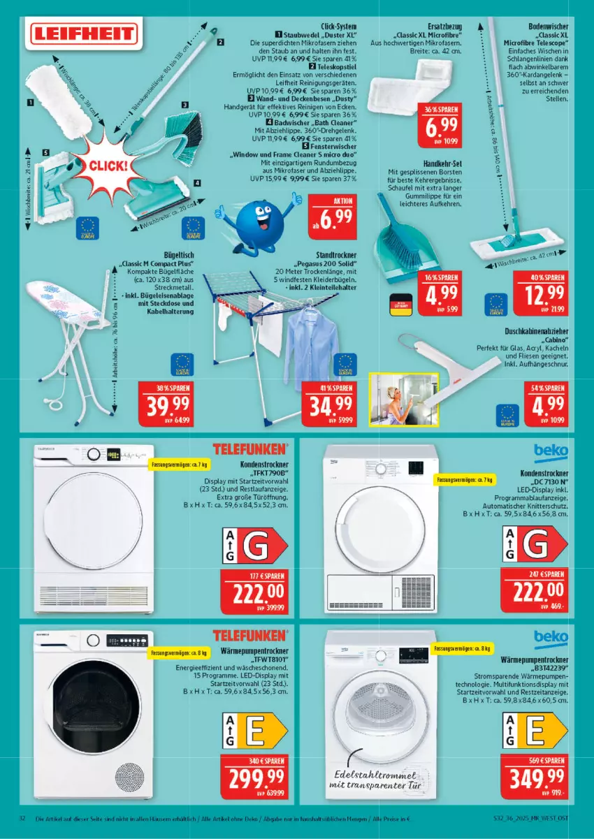 Aktueller Prospekt Marktkauf - Prospekt - von 31.08 bis 06.09.2025 - strona 32 - produkty: asus, auto, Bad, beko, bodenwischer, Brei, bügel, Bügeleisen, bügeltisch, decke, eis, elle, ente, fenster, kleid, kleider, kleiderbügel, leifheit, mab, mikrofaser, staubwedel, steckdose, telefunken, Teleskop, teleskopstiel, Ti, tisch, Trockner, wärmepumpentrockner, wedel