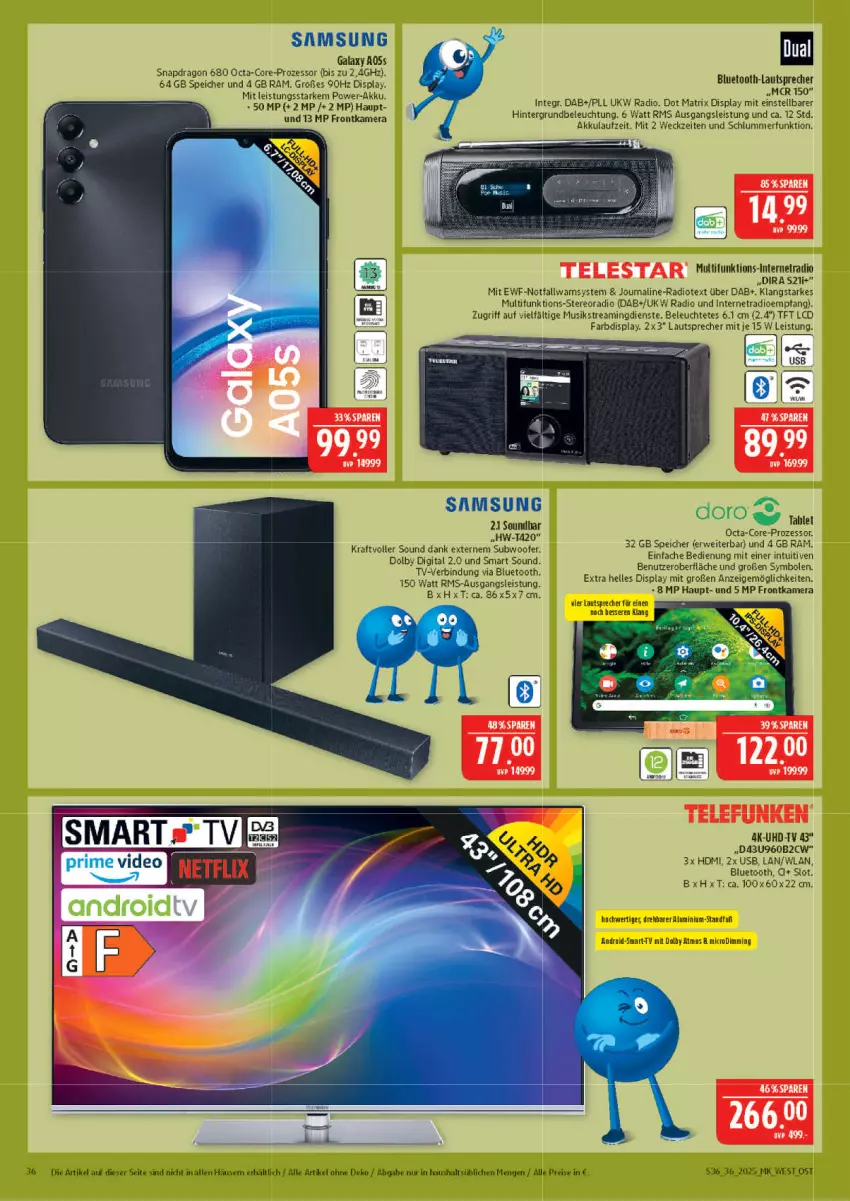 Aktueller Prospekt Marktkauf - Prospekt - von 31.08 bis 06.09.2025 - strona 36 - produkty: akku, Atrix, beleuchtung, bluetooth-lautsprecher, eis, elle, frontkamera, HDMI, kamera, kraft, lautsprecher, Leuchte, Radio, reis, rwe, Samsung, samsung galaxy, Samsung Galaxy A, Subwoofer, tablet, Ti, uhd, UHD-TV, usb, weck
