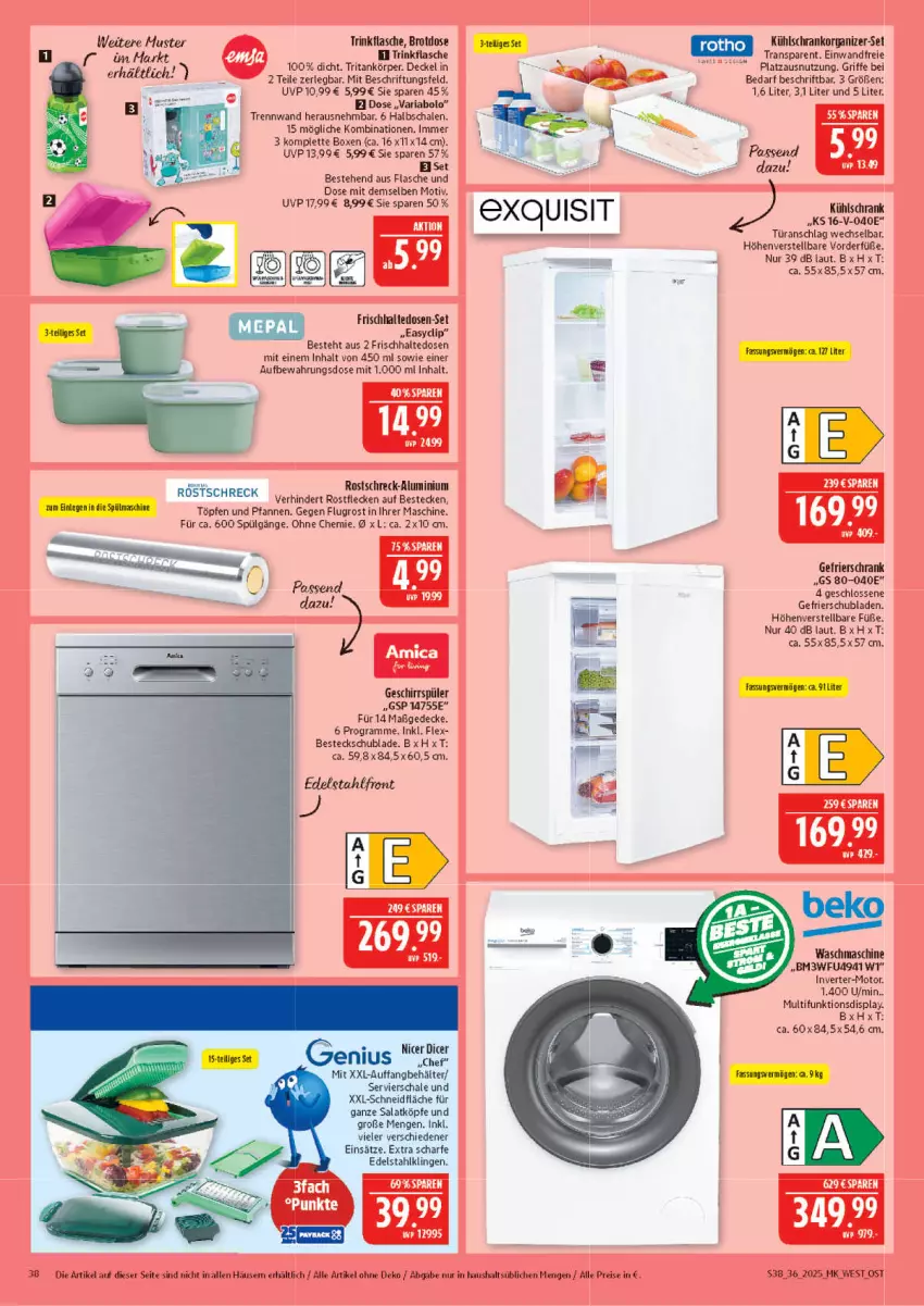 Aktueller Prospekt Marktkauf - Prospekt - von 31.08 bis 06.09.2025 - strona 38 - produkty: Aufbewahrungsdose, Behälter, beko, besteck, bestecke, brot, Brotdose, decke, Deckel, edelstahl, eis, flasche, frischhaltedosen, gefrierschrank, geschirr, geschirrspüler, kühlschrank, LG, pfanne, pfannen, reis, Ria, rostschreck, salat, Schal, Schale, Schrank, schubladen, Ti, trinkflasche, türanschlag wechselbar, und pfanne, waschmaschine