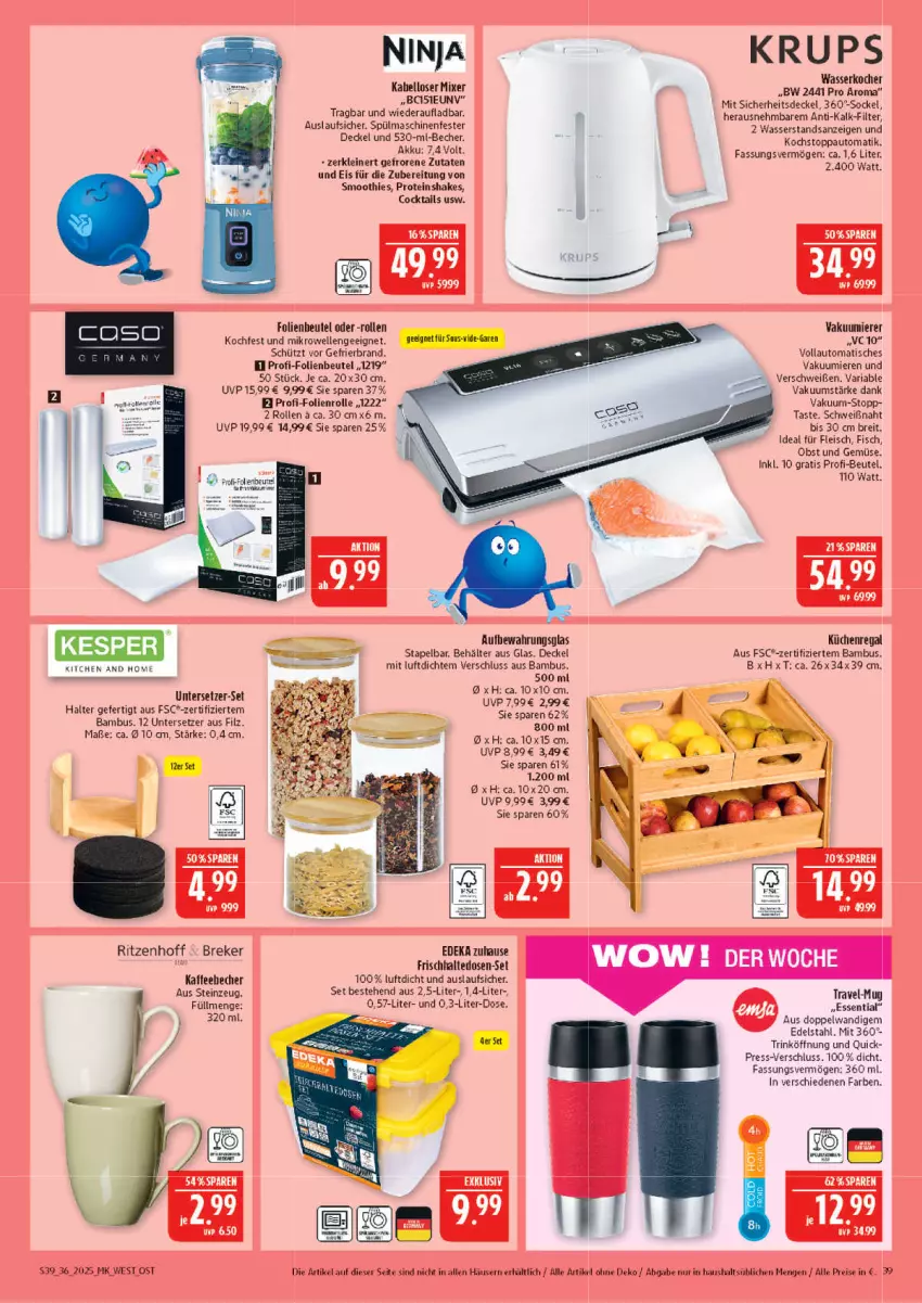 Aktueller Prospekt Marktkauf - Prospekt - von 31.08 bis 06.09.2025 - strona 39 - produkty: akku, auto, bambus, Becher, Behälter, beutel, Brei, cocktail, cocktails, decke, Deckel, deka, edelstahl, eis, elle, fisch, fleisch, frischhaltedosen, kaffee, Kocher, krups, küche, Küchen, Küchenregal, leine, mikrowelle, Mixer, obst, Obst und Gemüse, regal, reis, Ria, shake, smoothie, smoothies, spülmaschinen, Ti, tisch, und gemüse, Untersetzer, Vakuumierer, wasser, wasserkocher