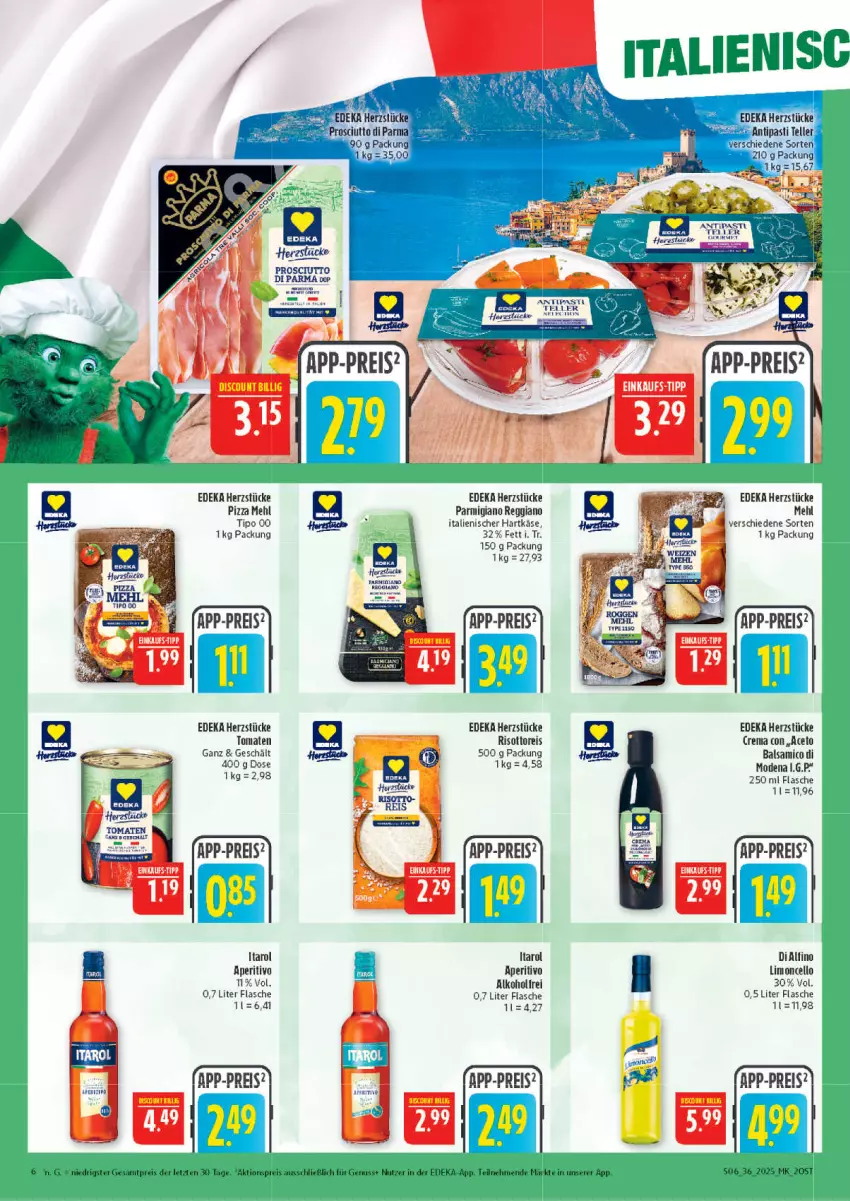 Aktueller Prospekt Marktkauf - Prospekt - von 31.08 bis 06.09.2025 - strona 6 - produkty: aceto, aktionspreis, alkohol, antipasti, asti, balsam, balsamico, deka, eis, elle, flasche, hartkäse, italienischer hartkäse, Käse, limo, mehl, Mode, nuss, parmigiano, parmigiano reggiano, pizza, reggiano, reis, risotto, teller, Ti, tomate, tomaten, ZTE