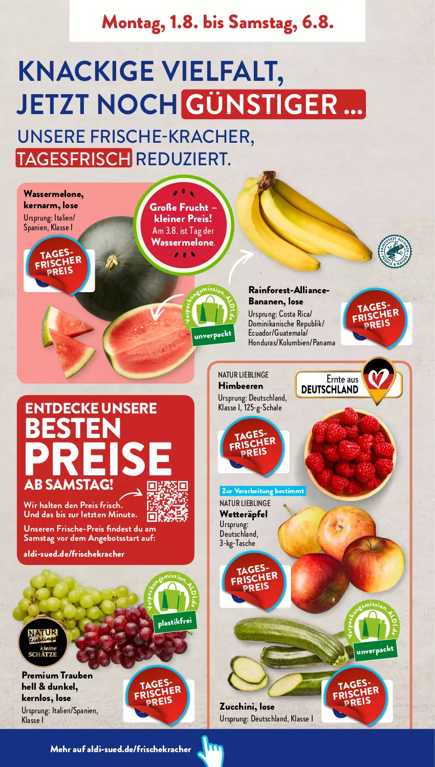 Aktueller Prospekt AldiSud - NÄCHSTE WOCHE - von 01.08 bis 06.08.2022 - strona 2 - produkty: aldi, angebot, asti, banane, bananen, beere, beeren, decke, eis, frucht, himbeer, himbeere, himbeeren, kracher, leine, melone, natur, reis, Schal, Schale, Tasche, Ti, trauben, wasser, wassermelone, ZTE, zucchini