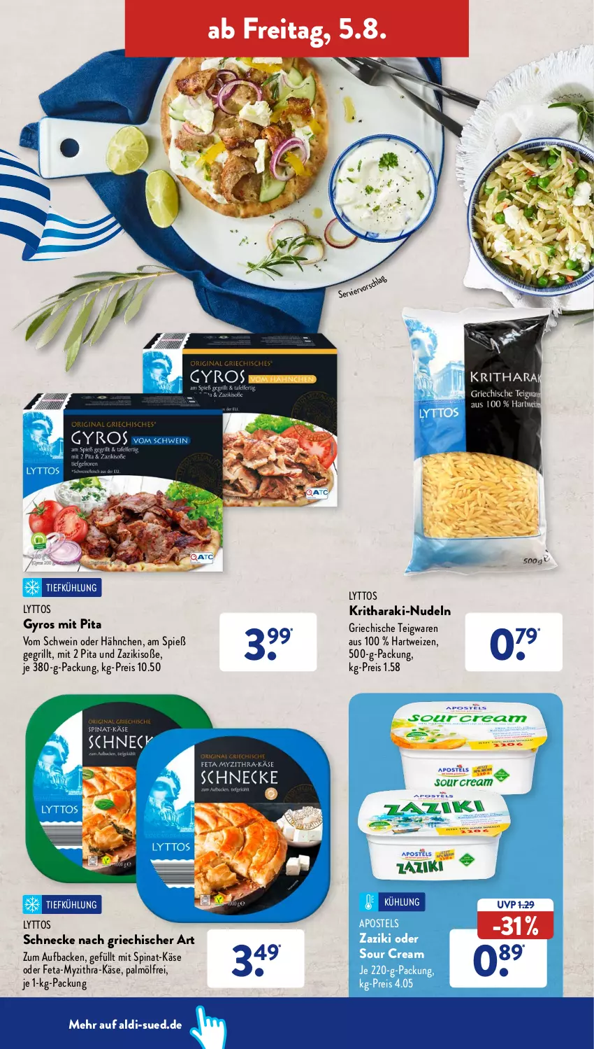 Aktueller Prospekt AldiSud - NÄCHSTE WOCHE - von 01.08 bis 06.08.2022 - strona 28 - produkty: aldi, apostels, eis, feta, grill, gyros, hartweizen, Käse, nudel, nudeln, reis, schwein, Soße, sour cream, spinat, teigwaren, Ti, wein, zaziki