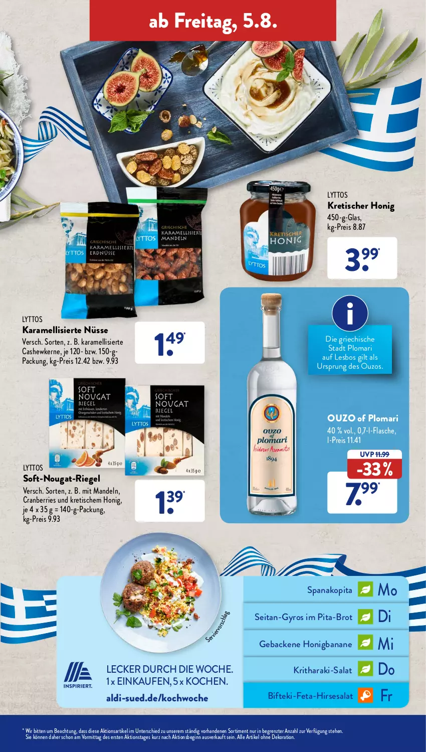 Aktueller Prospekt AldiSud - NÄCHSTE WOCHE - von 01.08 bis 06.08.2022 - strona 29 - produkty: aldi, alle artikel ohne dekoration, banane, Bifteki, brot, Cashew, cashewkerne, cranberries, dekoration, eis, feta, flasche, geback, gin, gyros, honig, karamell, mandel, mandeln, ouzo, reis, riegel, salat, Ti, tisch, ZTE