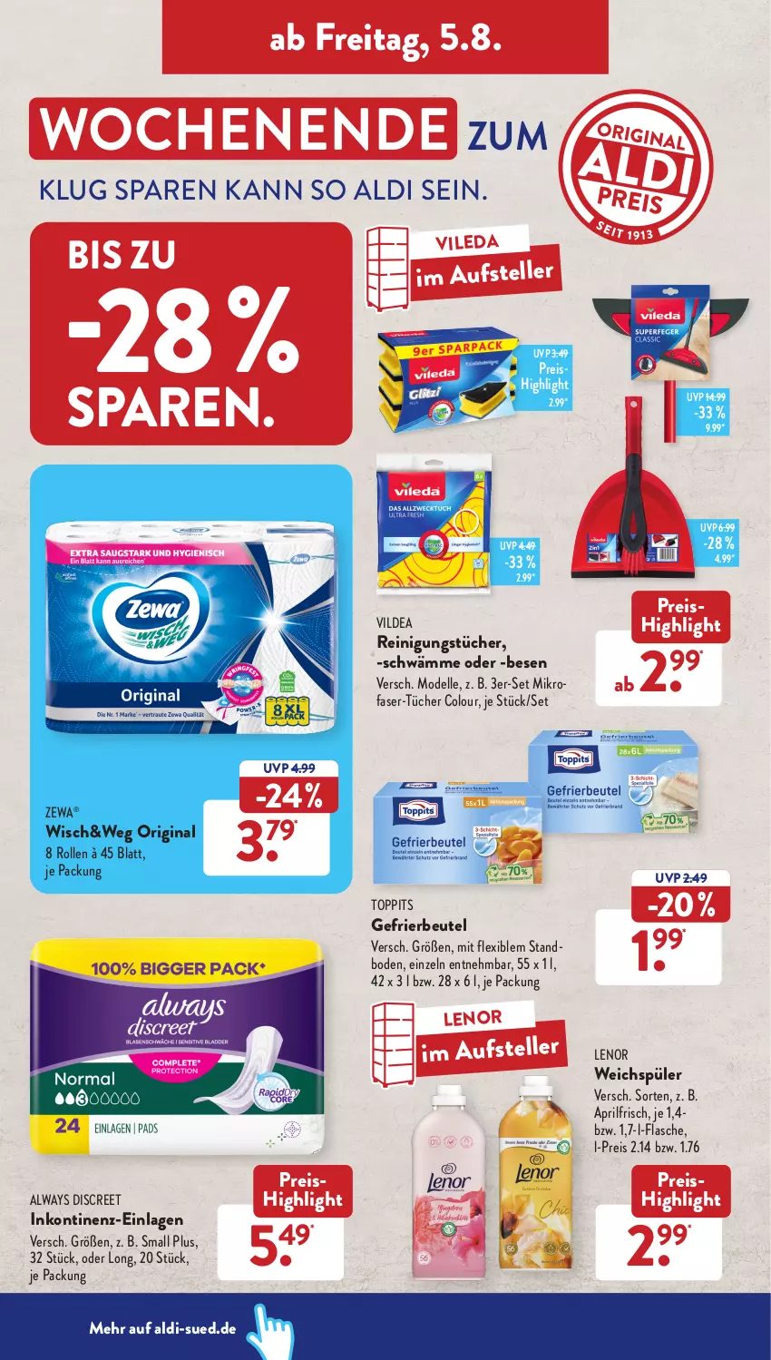 Aktueller Prospekt AldiSud - NÄCHSTE WOCHE - von 01.08 bis 06.08.2022 - strona 30 - produkty: aldi, Alwa, Always, beutel, dell, Discreet, eis, elle, flasche, gefrierbeutel, gin, lenor, lenor weichspüler, Mode, pril, Reinigung, reinigungstücher, reis, teller, Ti, toppits, tücher, vileda, weichspüler, zewa