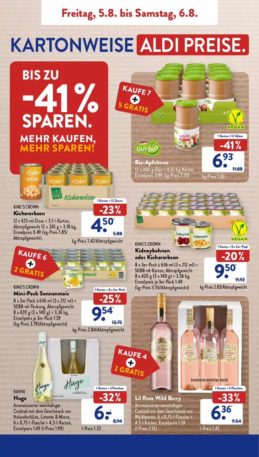 Aktueller Prospekt AldiSud - NÄCHSTE WOCHE - von 01.08 bis 06.08.2022 - strona 35 - produkty: aldi, apfel, apfelmus, beere, beeren, bio, Blüte, bohne, bohnen, cocktail, eis, erbsen, flasche, Gläser, holunder, holunderblüte, hugo, kichererbsen, kidney, limette, mac, mais, Mett, minze, reis, Ti, wein, Wild, wild berry