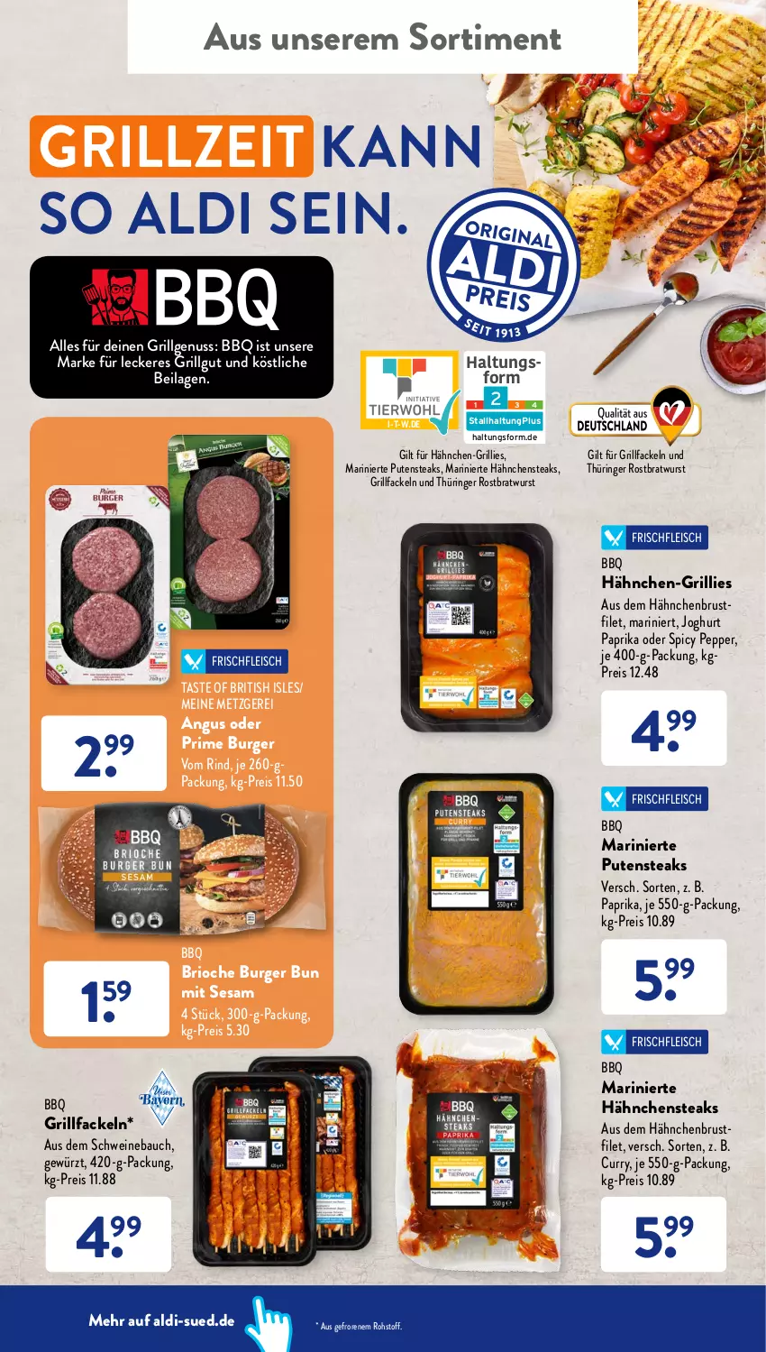 Aktueller Prospekt AldiSud - NÄCHSTE WOCHE - von 01.08 bis 06.08.2022 - strona 36 - produkty: aldi, Bau, bratwurst, brustfilet, burger, curry, eis, filet, fleisch, gewürz, grill, grillfackeln, hähnchenbrust, hähnchenbrustfilet, Hähnchensteak, hähnchensteaks, ilag, joghur, joghurt, LG, nuss, paprika, pute, putensteaks, reis, rind, ring, rostbratwurst, schwein, schweine, Schweinebauch, sesam, steak, steaks, thüringer rostbratwurst, Ti, wein, weine, wurst