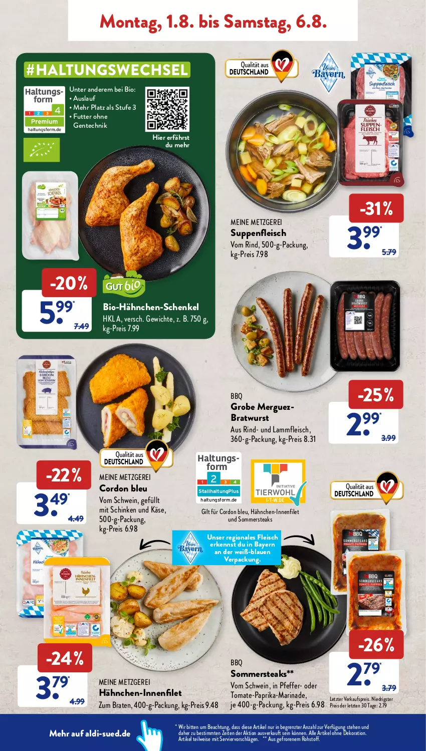 Aktueller Prospekt AldiSud - NÄCHSTE WOCHE - von 01.08 bis 06.08.2022 - strona 4 - produkty: aldi, alle artikel ohne dekoration, bio, braten, bratwurst, cordon bleu, dekoration, eis, ente, filet, fleisch, gsw, hähnchen-schenkel, henkel, Käse, lamm, Lammfleisch, marinade, paprika, pfeffer, reis, rind, schenkel, schinken, schwein, steak, steaks, suppe, suppen, suppenfleisch, Ti, tomate, wein, wurst, ZTE