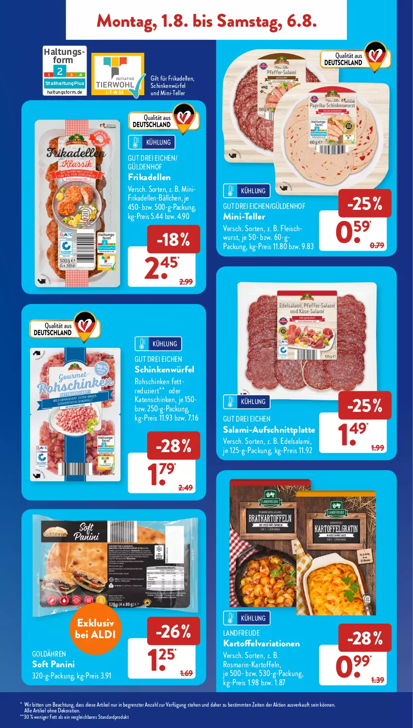 Aktueller Prospekt AldiSud - NÄCHSTE WOCHE - von 01.08 bis 06.08.2022 - strona 9 - produkty: aldi, alle artikel ohne dekoration, aufschnitt, dekoration, dell, Edelsalami, eis, elle, fleisch, fleischwurst, frikadellen, kartoffel, kartoffeln, katenschinken, latte, reis, Ria, rohschinken, rosmarin, salami, schinken, teller, Ti, würfel, wurst, ZTE