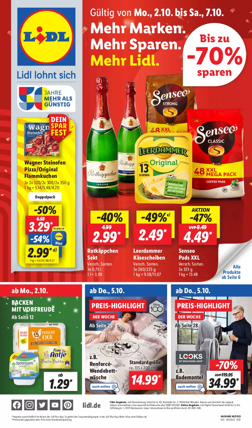 Aktueller Prospekt Lidl - Aktionsprospekt - von 02.10 bis 07.10.2023 - strona 1 - produkty: angebot, angebote, Bad, Bademantel, bett, bettwäsche, bio, coupon, disney, eis, flammkuchen, gin, Käse, käsescheiben, kuchen, lamm, leerdammer, Mantel, Ofen, pizza, preisvorteil, reis, rotkäppchen, sekt, senseo, senseo pads, steinofen, steinofen pizza, Ti, wagner, wendebettwäsche