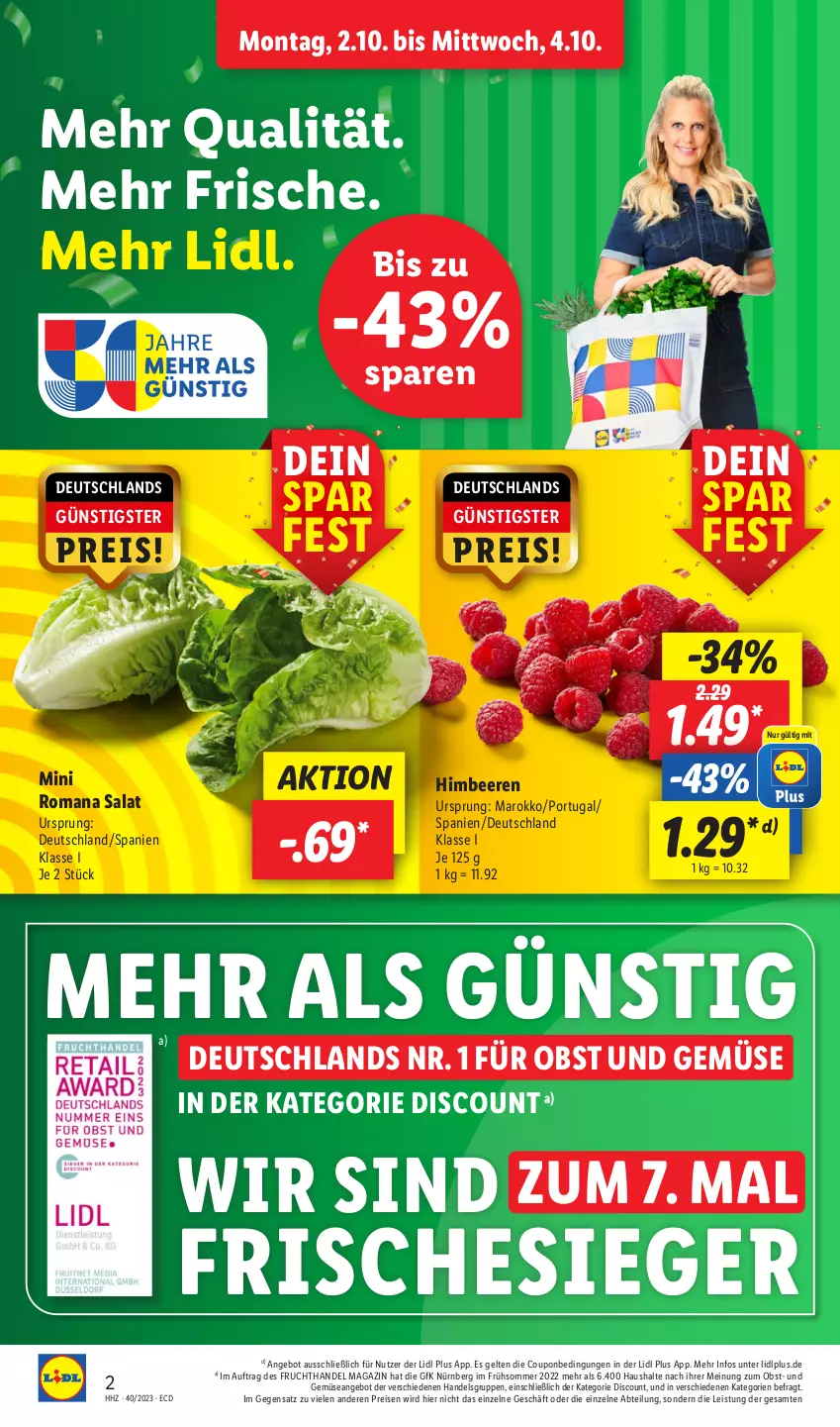 Aktueller Prospekt Lidl - Aktionsprospekt - von 02.10 bis 07.10.2023 - strona 2 - produkty: Abtei, angebot, beere, beeren, coupon, discount, eis, frucht, himbeer, himbeere, himbeeren, magazin, obst, Obst und Gemüse, reis, salat, Ti, und gemüse