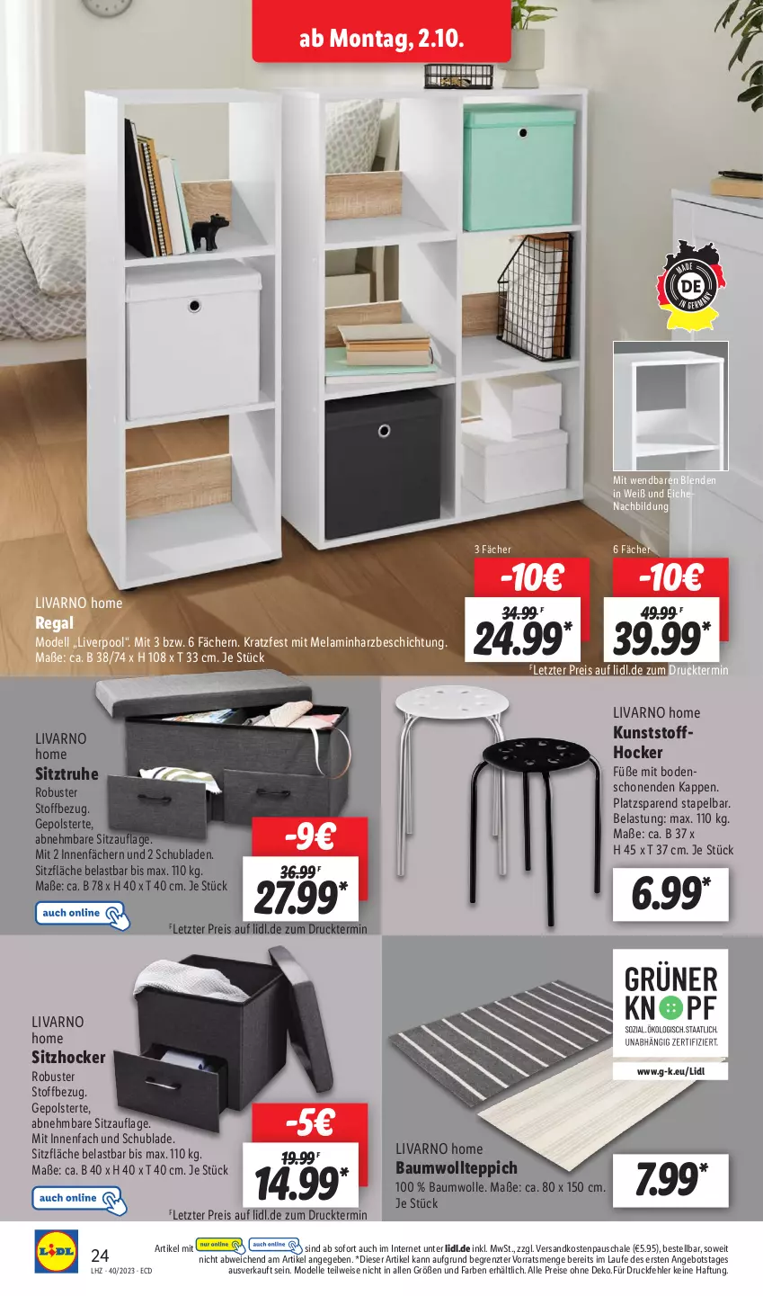 Aktueller Prospekt Lidl - Aktionsprospekt - von 02.10 bis 07.10.2023 - strona 30 - produkty: angebot, Bau, baumwolle, dell, eis, elle, hocker, Mode, ndk, pool, regal, reis, Schal, Schale, schubladen, Sitzauflage, Sitztruhe, teppich, Ti, wolle, ZTE