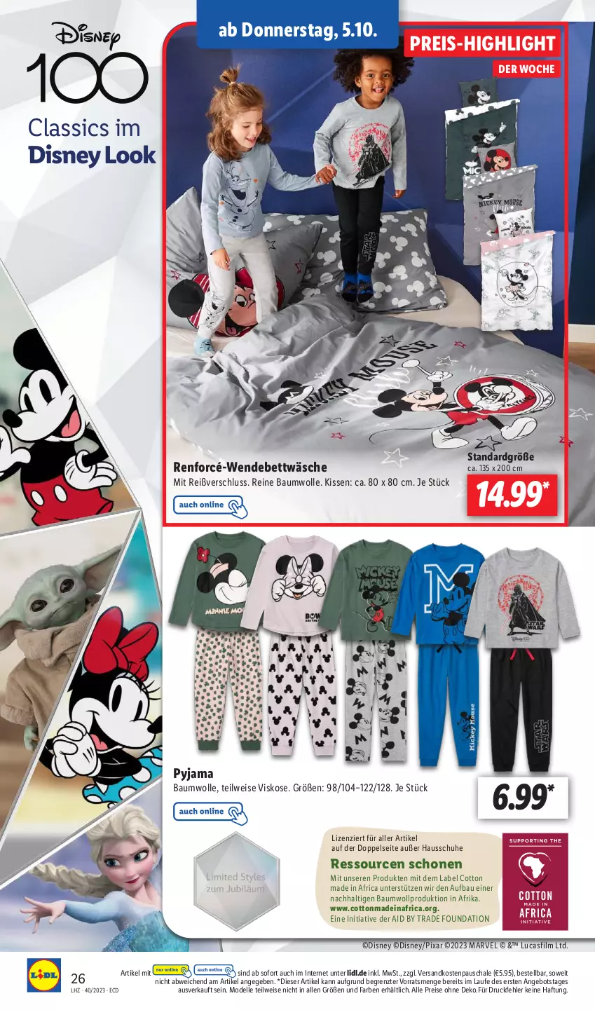 Aktueller Prospekt Lidl - Aktionsprospekt - von 02.10 bis 07.10.2023 - strona 32 - produkty: angebot, Bau, baumwolle, bett, bettwäsche, dell, disney, eis, elle, Hausschuhe, kissen, Mode, ndk, Pyjama, reine baumwolle, reis, Schal, Schale, schuhe, Ti, wendebettwäsche, wolle, ZTE