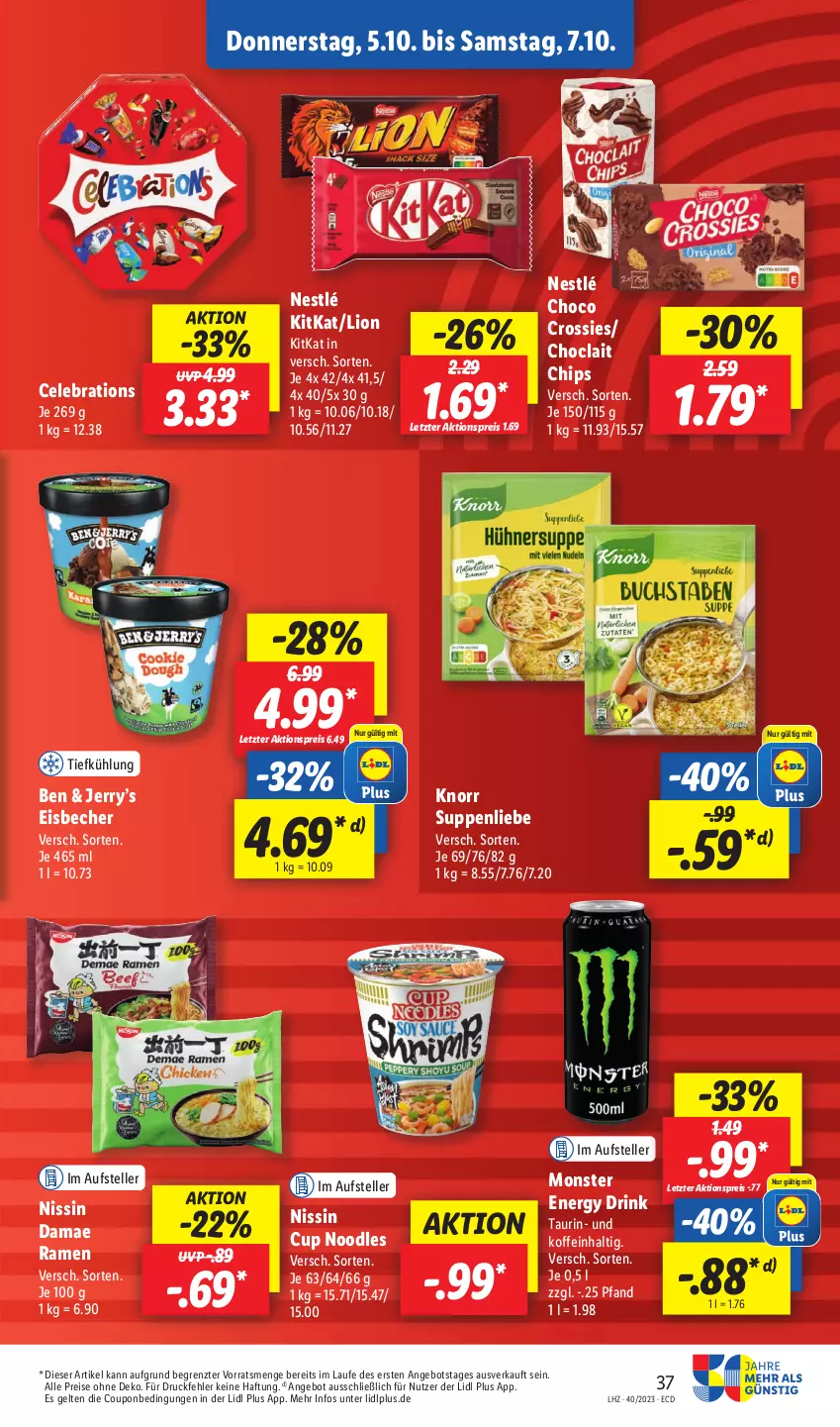 Aktueller Prospekt Lidl - Aktionsprospekt - von 02.10 bis 07.10.2023 - strona 45 - produkty: aktionspreis, angebot, Becher, chips, choclait chips, choco crossies, coupon, crossies, drink, eis, eisbecher, elle, energy drink, kitkat, knorr, lion, monster, Monster Energy, nestlé, Nissin, reis, suppe, suppen, suppenliebe, teller, Ti, ZTE