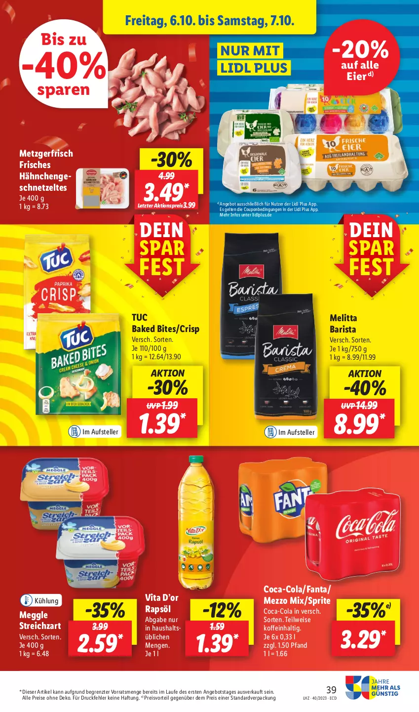 Aktueller Prospekt Lidl - Aktionsprospekt - von 02.10 bis 07.10.2023 - strona 47 - produkty: aktionspreis, angebot, bites, coca-cola, cola, coupon, eier, eis, elle, fanta, geschnetzeltes, Hähnchengeschnetzeltes, meggle, melitta, Mezzo Mix, preisvorteil, rapsöl, reis, sprite, Streichzart, teller, Ti, tuc, vita, Zelt, ZTE