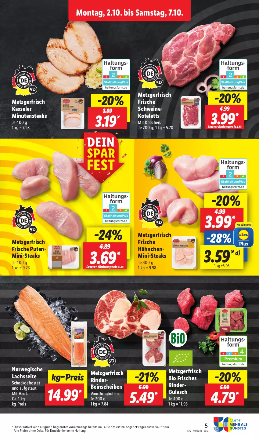 Aktueller Prospekt Lidl - Aktionsprospekt - von 02.10 bis 07.10.2023 - strona 5 - produkty: aktionspreis, angebot, bio, eis, Frische Hähnchen, gulasch, jungbullen, kasseler, kotelett, lachs, minutensteaks, pute, reis, rind, rinder, rindergulasch, rwe, schwein, schweine, schweinekotelett, steak, steaks, Ti, wein, weine, ZTE