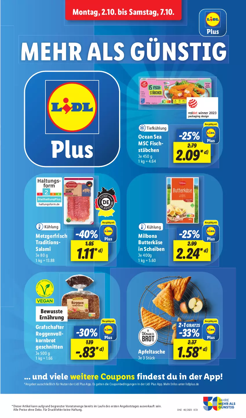 Aktueller Prospekt Lidl - Aktionsprospekt - von 02.10 bis 07.10.2023 - strona 7 - produkty: angebot, apfel, Apfeltasche, Bona, brot, butter, butterkäse, coupon, coupons, eis, fisch, fischstäbchen, grafschafter, Käse, korn, Kornbrot, Milbona, reis, salami, schnitten, Tasche, Ti, vollkornbrot, ZTE