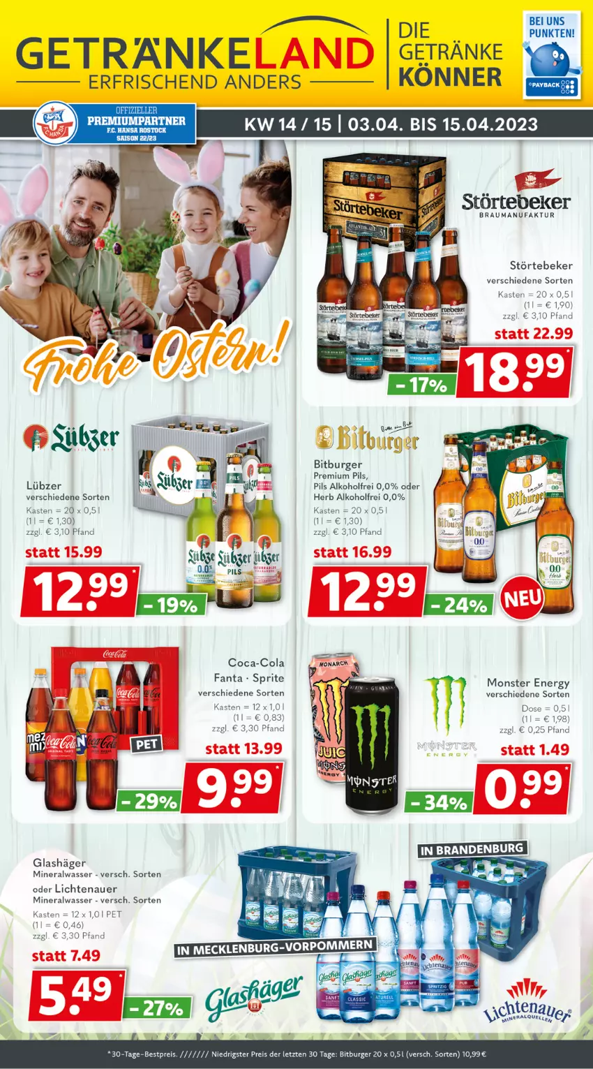 Aktueller Prospekt Getraenkeland - von 03.04 bis 15.04.2023 - strona 1 - produkty: alkohol, Alwa, auer, coca-cola, cola, elle, Faktu, fanta, getränk, getränke, lichtenauer, Lübzer, mineralwasser, monster, Monster Energy, pils, premium pils, sprite, störtebeker, tee, Ti, wasser