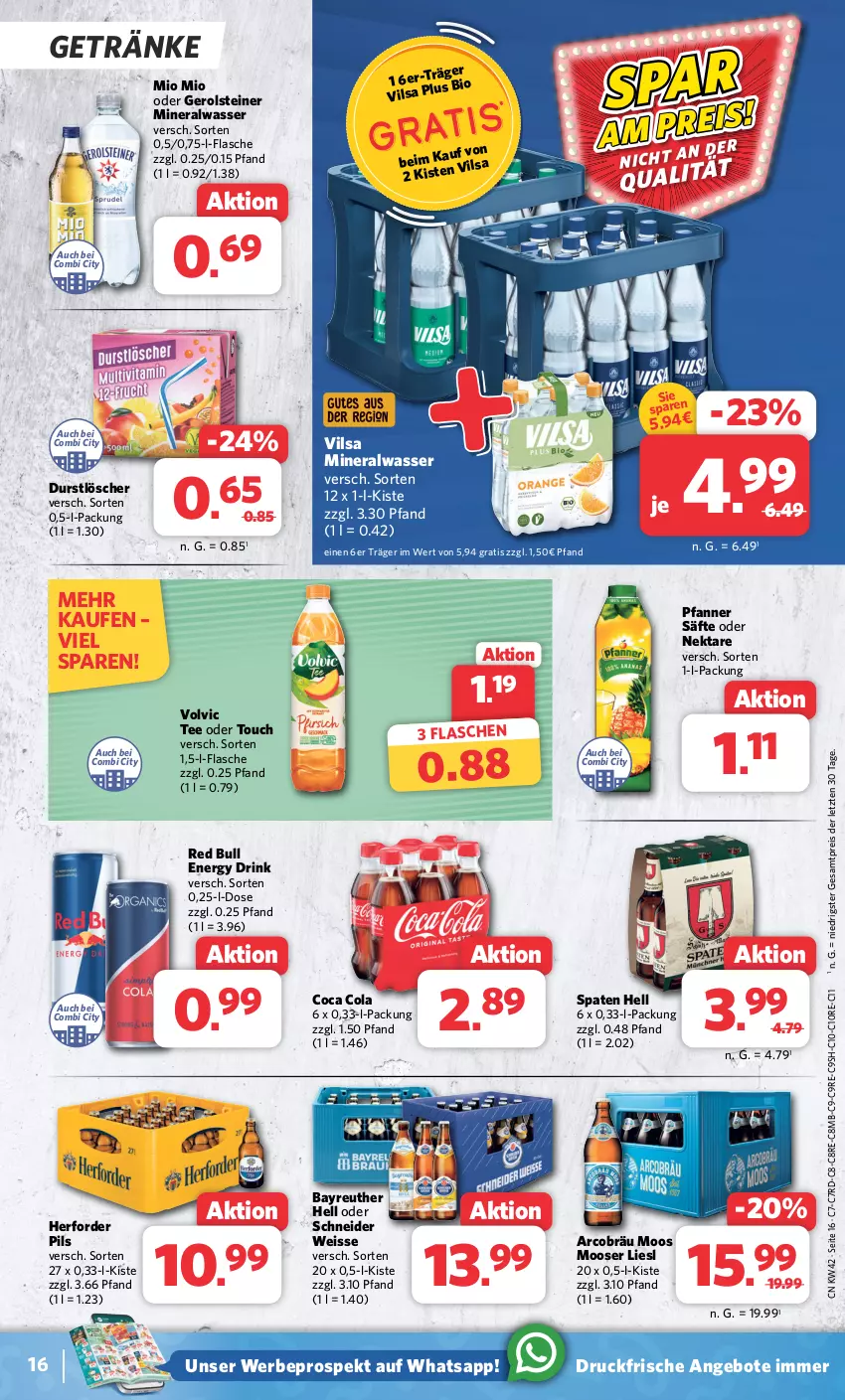 Aktueller Prospekt Combi - Prospekte - von 16.10 bis 21.10.2023 - strona 16 - produkty: Alwa, angebot, angebote, bio, cola, drink, durstlöscher, eis, energy drink, flasche, gerolsteine, gerolsteiner, getränk, getränke, mineralwasser, Mio Mio, Nektar, pfanne, Pfanner, pils, red bull, reis, säfte, Spaten, steiner, tee, Ti, vilsa, volvic, wasser, ZTE