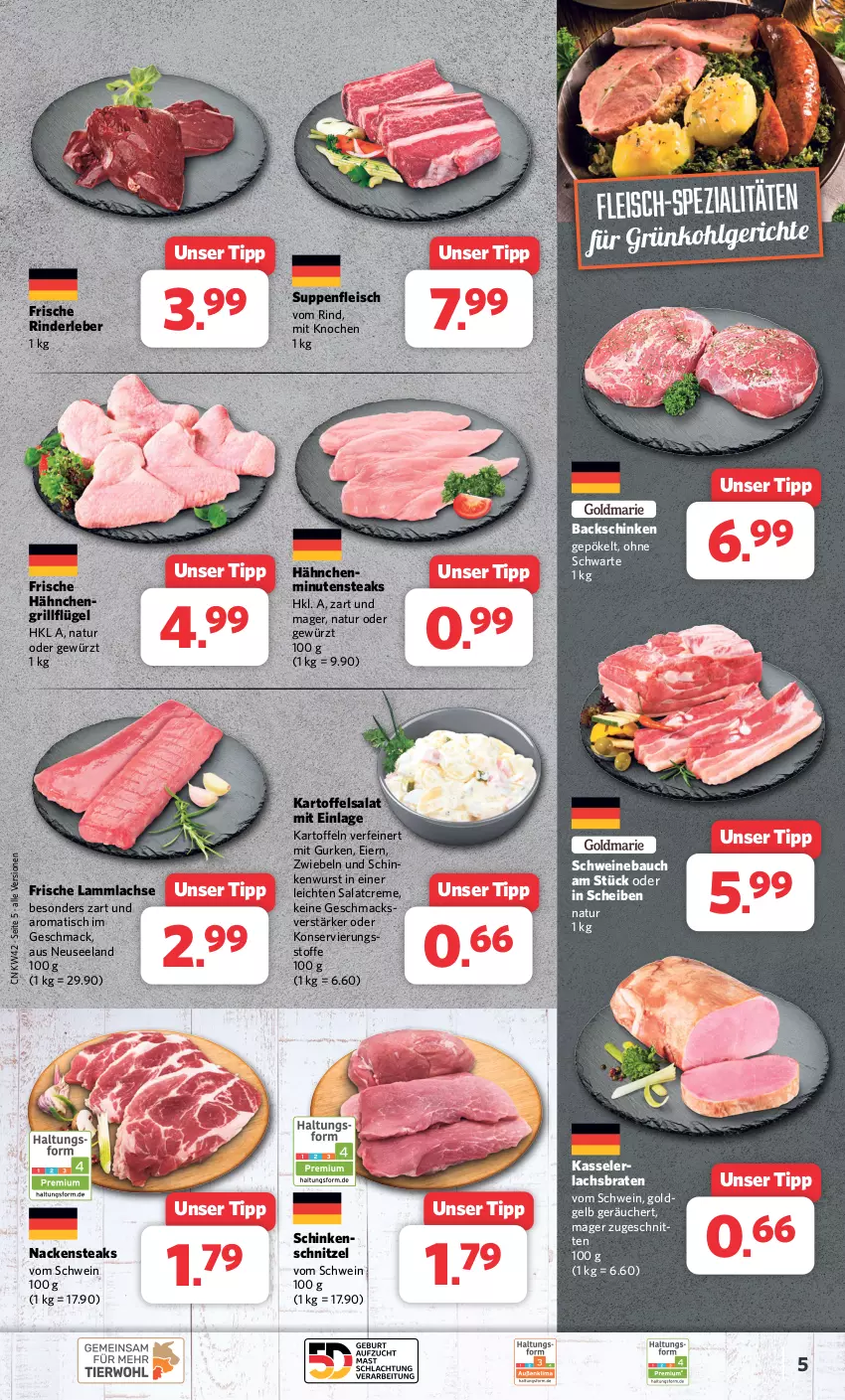 Aktueller Prospekt Combi - Prospekte - von 16.10 bis 21.10.2023 - strona 5 - produkty: Bau, braten, creme, eier, eis, Elan, fleisch, Frische Hähnchen, gewürz, grill, gurke, gurken, kartoffel, kartoffeln, kartoffelsalat, kasseler, lachs, Lachsbraten, lamm, lammlachse, LG, mac, minutensteaks, Nackensteak, nackensteaks, natur, rind, rinder, Rinderleber, salat, salatcreme, schinken, schnitzel, schwein, schweine, Schweinebauch, Spezi, steak, steaks, suppe, suppen, suppenfleisch, Ti, tisch, wein, weine, wurst, zwiebel, zwiebeln