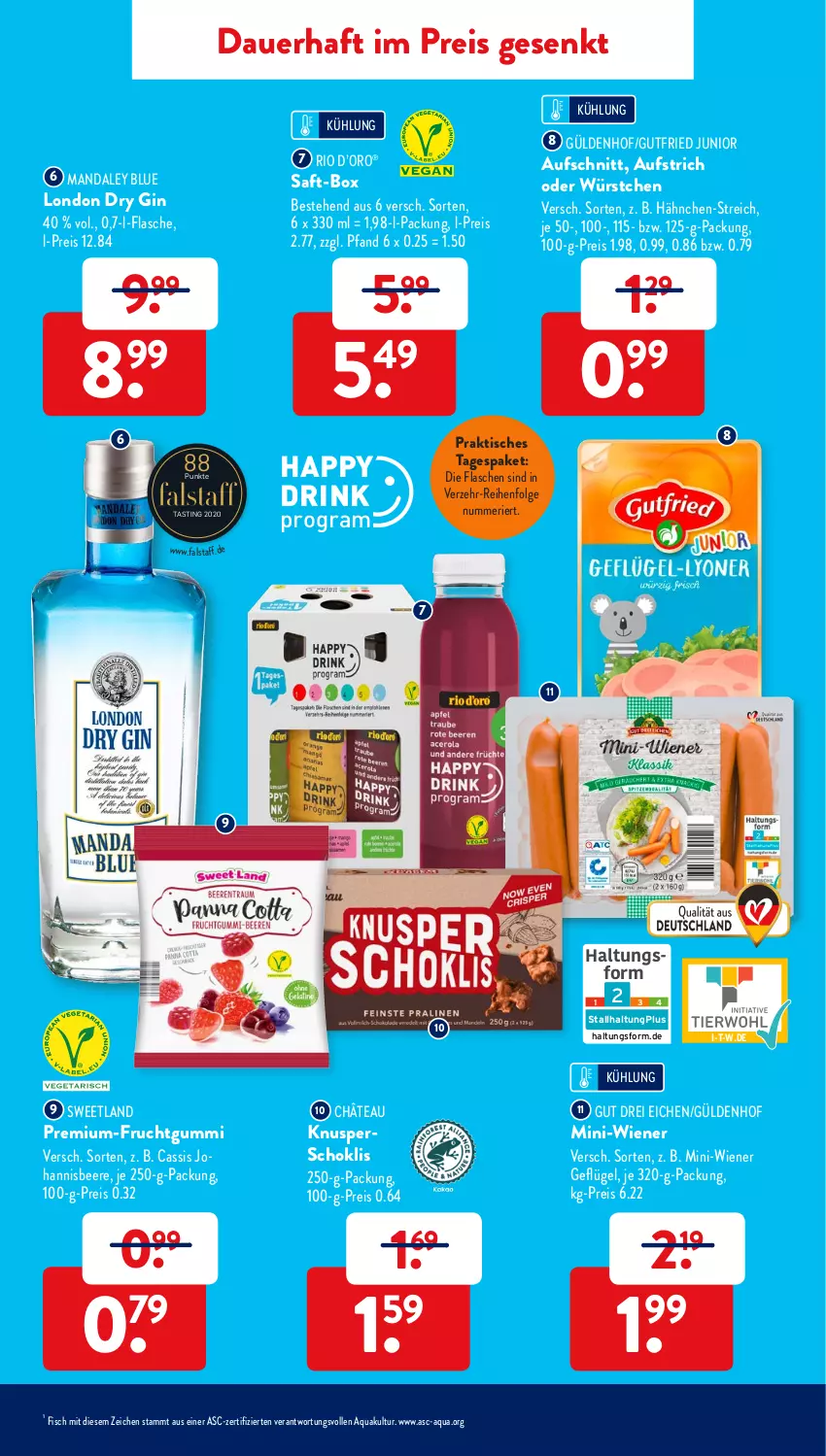 Aktueller Prospekt AldiSud - ALDI Aktuell - von 07.02 bis 12.02.2022 - strona 11 - produkty: aqua, asti, auer, aufschnitt, aufstrich, beere, cassis, drink, dry gin, eis, fisch, flasche, frucht, fruchtgummi, Geflügel, gin, gutfried, je 250-g-packung, johannisbeere, LG, london dry, london dry gin, reis, saft, Sweetland, Ti, tisch, wiener, würstchen