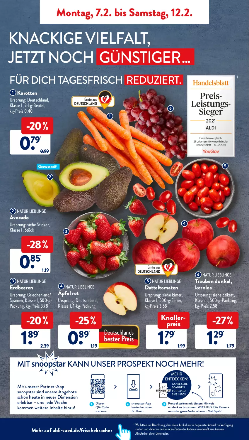 Aktueller Prospekt AldiSud - ALDI Aktuell - von 07.02 bis 12.02.2022 - strona 2 - produkty: aldi, alle artikel ohne dekoration, angebot, angebote, avocado, beere, beeren, beutel, datteltomaten, decke, dekoration, eimer, eis, erdbeere, erdbeeren, Heu, kamera, karotten, knallerpreis, kracher, natur, nuss, reis, Ti, tomate, tomaten, trauben, ZTE