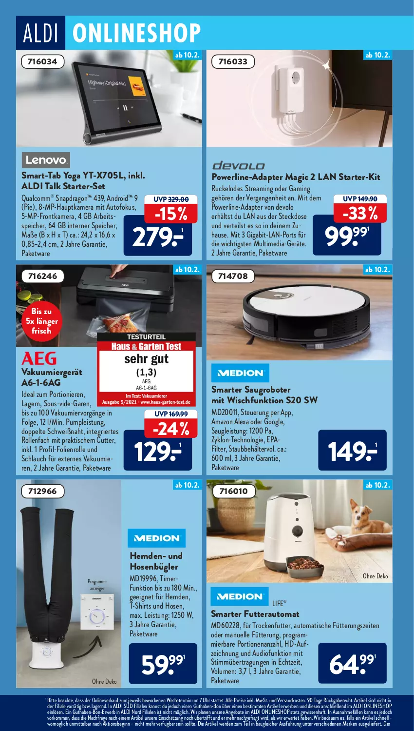 Aktueller Prospekt AldiSud - ALDI Aktuell - von 07.02 bis 12.02.2022 - strona 24 - produkty: adapter, aldi, aldi talk, alexa, amazon alexa, angebot, angebote, auer, auto, Bau, Behälter, devolo, eis, elle, erde, frontkamera, gin, hauptkamera, hemd, hemden, hose, hosen, kamera, LG, ndk, reis, rwe, Saugroboter, schlauch, shirt, shirts, steckdose, T-Shirt, Ti, timer, tisch, trockenfutter, uhr, Yo