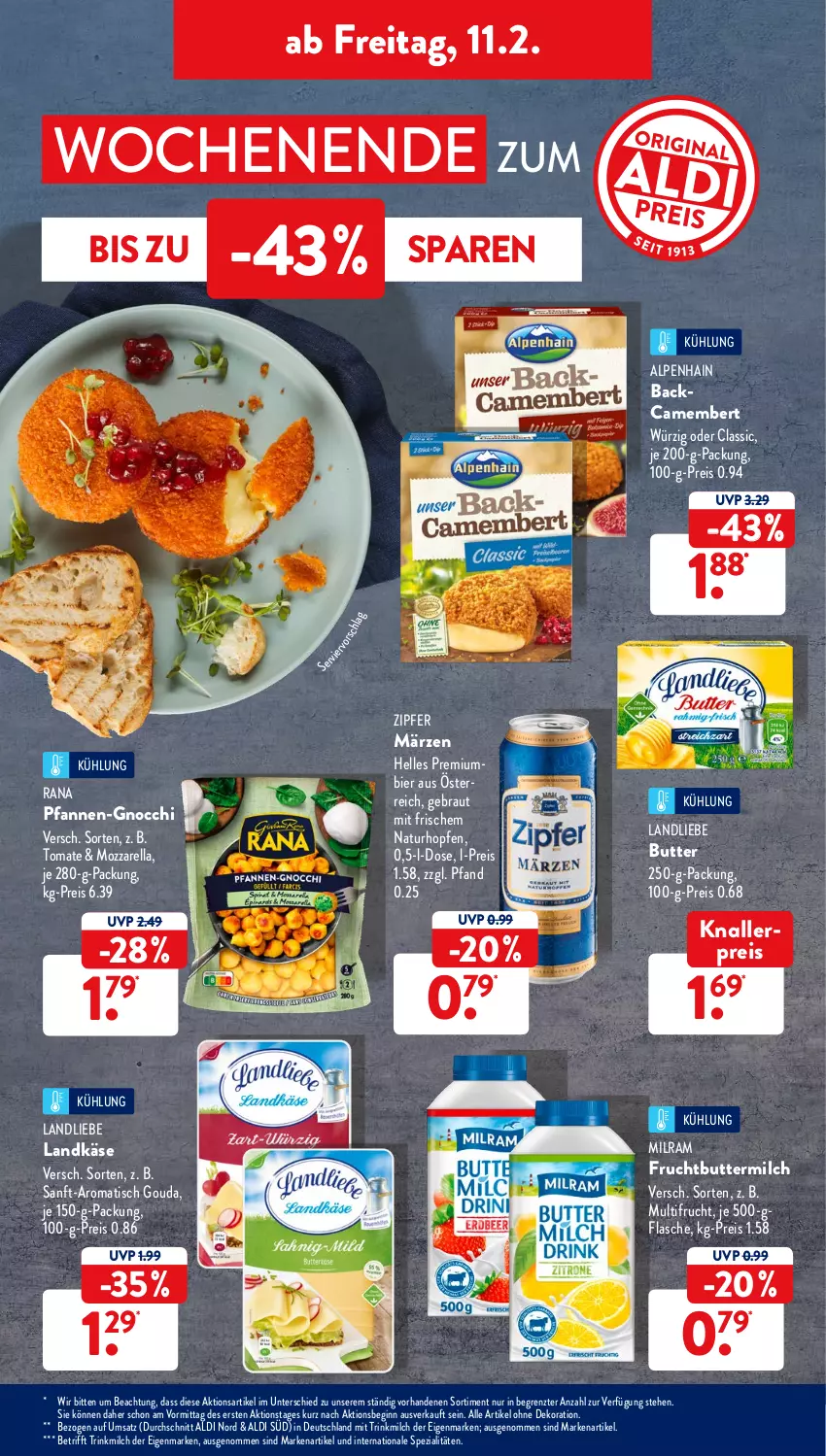 Aktueller Prospekt AldiSud - ALDI Aktuell - von 07.02 bis 12.02.2022 - strona 37 - produkty: aldi, alle artikel ohne dekoration, Alpenhain, bier, butter, buttermilch, camembert, dekoration, eis, elle, flasche, frucht, gin, gnocchi, gouda, Käse, knallerpreis, landkäse, landliebe, milch, milram, mozzarella, natur, ndk, pfanne, pfannen, Premiumbier, Rana, reis, rel, Spezi, Ti, tisch, tomate, Zipfer, ZTE