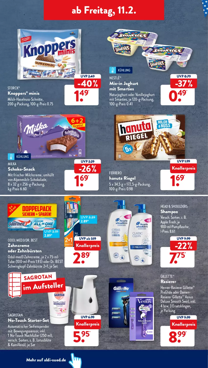 Aktueller Prospekt AldiSud - ALDI Aktuell - von 07.02 bis 12.02.2022 - strona 38 - produkty: aldi, alpenmilch, Apple, auto, Bewegungssensor, Blüte, bürste, bürsten, creme, Damenrasierer, Dr. Best, eis, elle, ferrero, flasche, gillette, hanuta, haselnuss, joghur, joghurt, Kamill, kamille, knallerpreis, knoppers, milch, milka, natur, naturjoghurt, nestlé, nuss, Odol, rasierer, reis, riegel, sagrotan, schoko, schokolade, Seife, seifenspender, shampoo, smarties, snack, storck, swirl, teller, Ti, tisch, usb, vanille, venus, zahnbürste, zahnbürsten, zahncreme