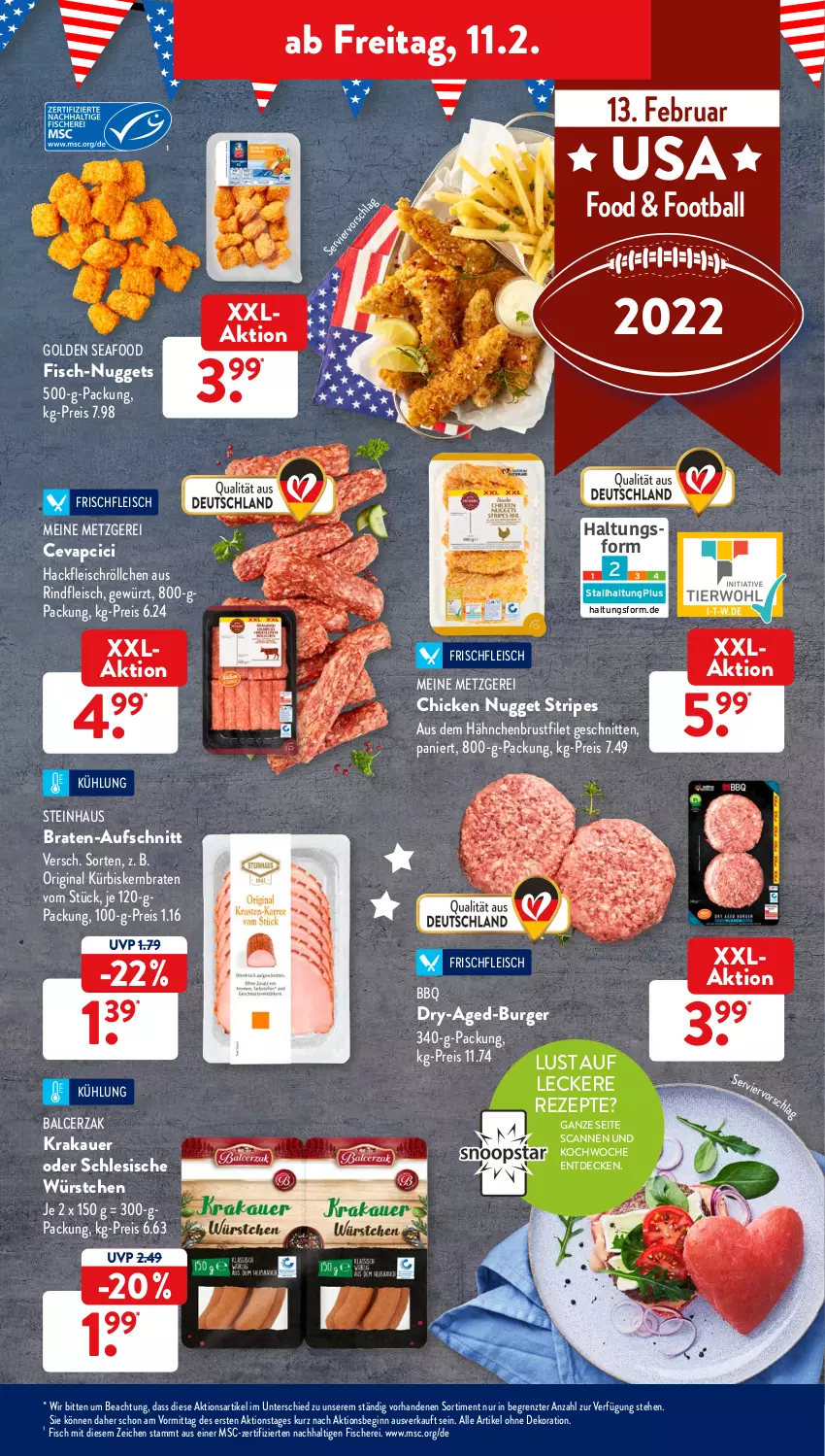 Aktueller Prospekt AldiSud - ALDI Aktuell - von 07.02 bis 12.02.2022 - strona 39 - produkty: alle artikel ohne dekoration, auer, aufschnitt, ball, braten, brustfilet, burger, cevapcici, decke, dekoration, eis, filet, fisch, fische, Fischer, fleisch, gewürz, gin, hackfleisch, hähnchenbrust, hähnchenbrustfilet, krakauer, Kürbis, nuggets, reis, rezept, rezepte, rind, rindfleisch, Schere, schnitten, steinhaus, Ti, würstchen, ZTE