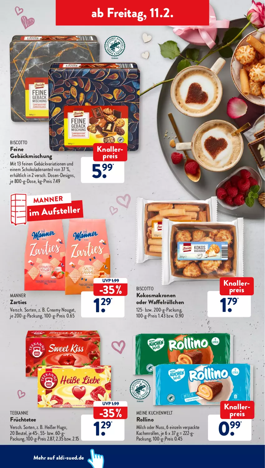 Aktueller Prospekt AldiSud - ALDI Aktuell - von 07.02 bis 12.02.2022 - strona 42 - produkty: aldi, beutel, bier, biscotto, eis, elle, Feine Gebäckmischung, früchte, Früchtetee, gebäckmischung, hugo, knallerpreis, kokos, krone, kuchen, Manner, milch, nuss, reis, Ria, schoko, schokolade, schokoladen, tee, teekanne, teller, Ti, Waffelröllchen