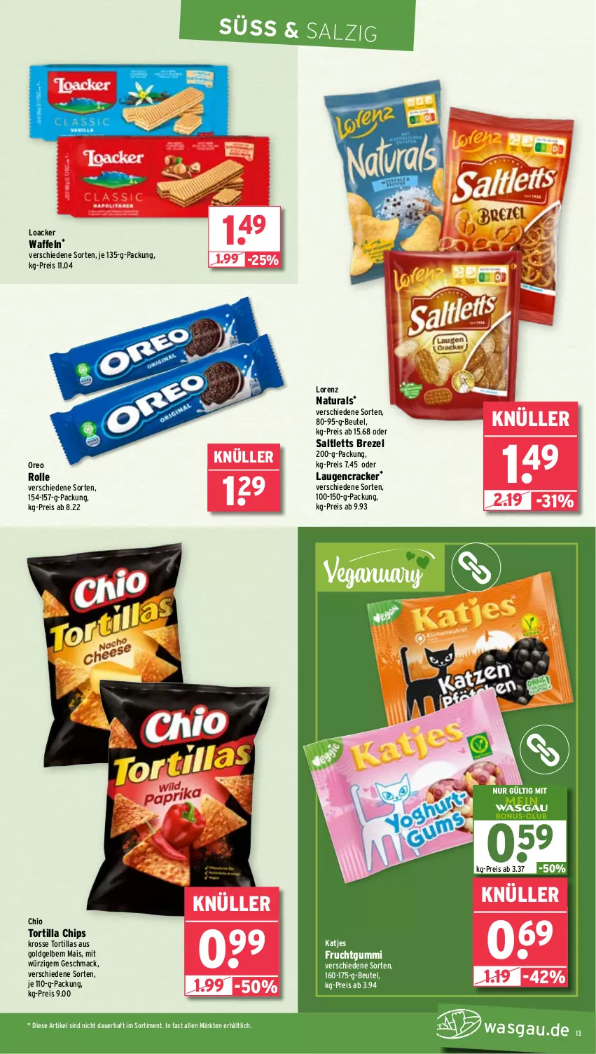 Aktueller Prospekt Wasgau - von 06.01 bis 11.01.2025 - strona 13 - produkty: auer, beutel, brezel, chips, cracker, eis, frucht, fruchtgummi, katjes, lorenz, mac, mais, natur, natura, oreo, reis, saltletts, salz, Ti, tortilla, Tortilla Chips, tortillas, waffeln