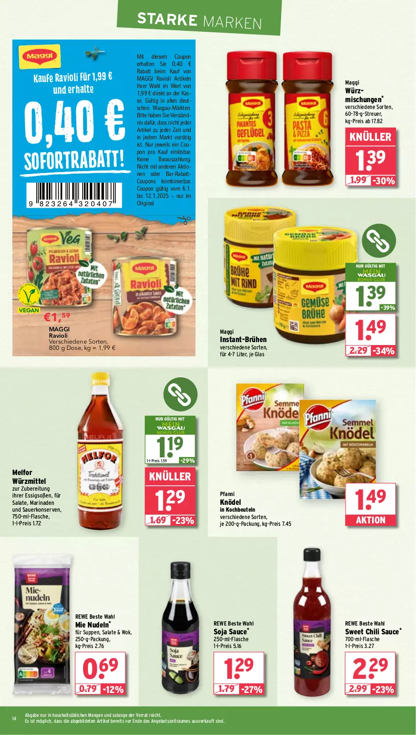 Aktueller Prospekt Wasgau - von 06.01 bis 11.01.2025 - strona 14 - produkty: angebot, auer, beutel, Brühe, chili, coupon, coupons, eis, essig, flasche, gin, Knödel, kochbeutel, Konserven, maggi, marinade, nudel, nudeln, pfanni, ravioli, reis, rewe beste wahl, salat, salate, sauce, soja, Soße, suppe, suppen, Ti, wok