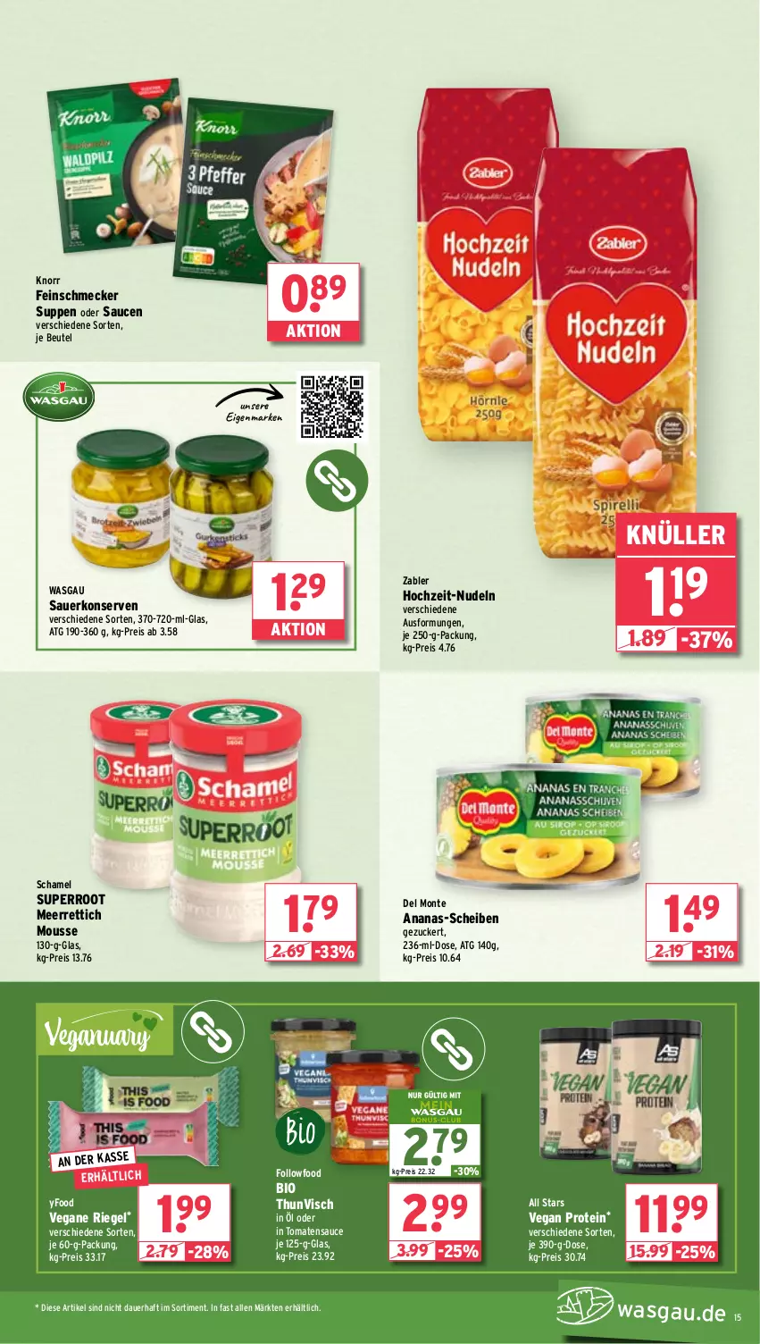 Aktueller Prospekt Wasgau - von 06.01 bis 11.01.2025 - strona 15 - produkty: ananas, auer, beutel, bio, eis, feinschmecker, je 250-g-packung, knorr, Konserven, meerrettich, monte, mousse, nudel, nudeln, reis, Rettich, riegel, sauce, saucen, schamel, suppe, suppen, Ti, tomate, tomaten, tomatensauce, Zabler, zucker