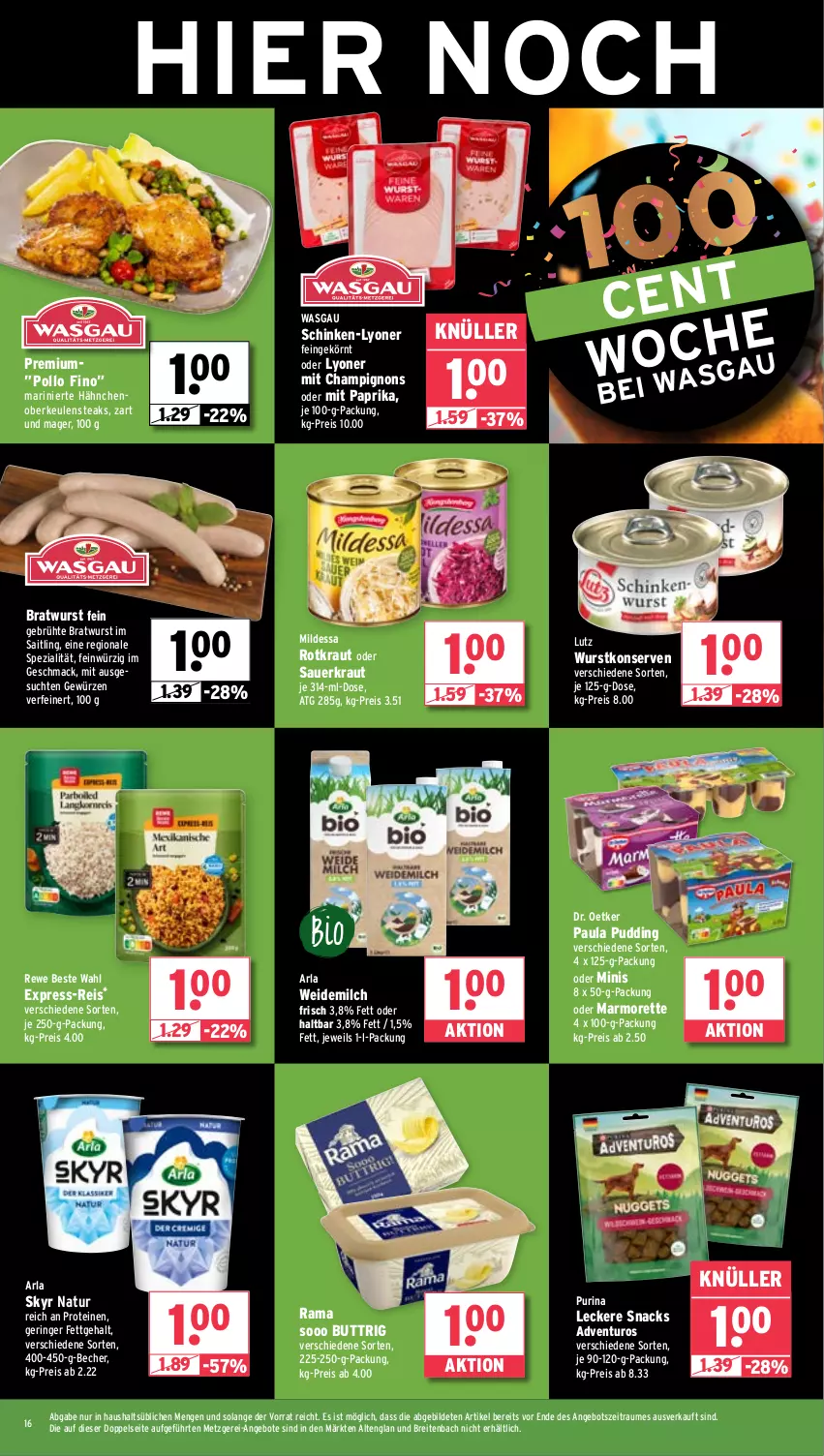 Aktueller Prospekt Wasgau - von 06.01 bis 11.01.2025 - strona 16 - produkty: adventuros, angebot, angebote, arla, arla skyr, auer, Becher, bratwurst, Brei, champignon, champignons, Dr. Oetker, eis, express-reis, gewürz, je 250-g-packung, Konserven, Kraut, lyoner, mac, marmorette, milch, mit paprika, natur, paprika, Paula, paula pudding, Pollo Fino, pudding, purina, rama, reis, rewe beste wahl, ring, Sauerkraut, schinken, Skyr, snack, snacks, Spezi, steak, steaks, Ti, weidemilch, wurst, wurstkonserven, Yo