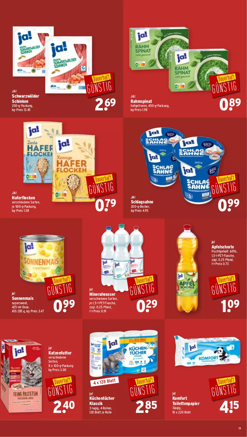 Aktueller Prospekt Wasgau - von 06.01 bis 11.01.2025 - strona 19 - produkty: Alwa, apfel, Apfelschorle, Becher, eis, flasche, frucht, hafer, haferflocken, katzenfutter, küche, Küchen, küchentücher, mais, mineralwasser, papier, pet-flasche, reis, sahne, schinken, schlagsahne, schorle, schwarzwälder schinken, spinat, Ti, toilettenpapier, tücher, wasser