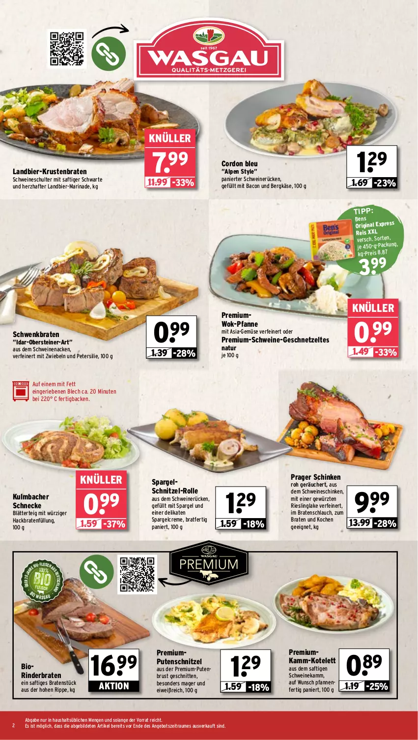 Aktueller Prospekt Wasgau - von 06.01 bis 11.01.2025 - strona 2 - produkty: angebot, bacon, Bergkäse, bier, bio, blätterteig, braten, cordon bleu, creme, eis, fleisch, geschnetzeltes, gewürz, gin, Käse, kotelett, krustenbraten, marinade, mit zwiebeln, natur, petersilie, pfanne, pfannen, pute, putenbrust, putenschnitzel, reis, riesling, rind, rinder, rinderbraten, saft, schinken, schlauch, schnitten, schnitzel, schwein, schweine, schweinenacken, schweinerücken, spargel, steiner, Ti, wein, weine, wok, Zelt, ZTE, zwiebel, zwiebeln