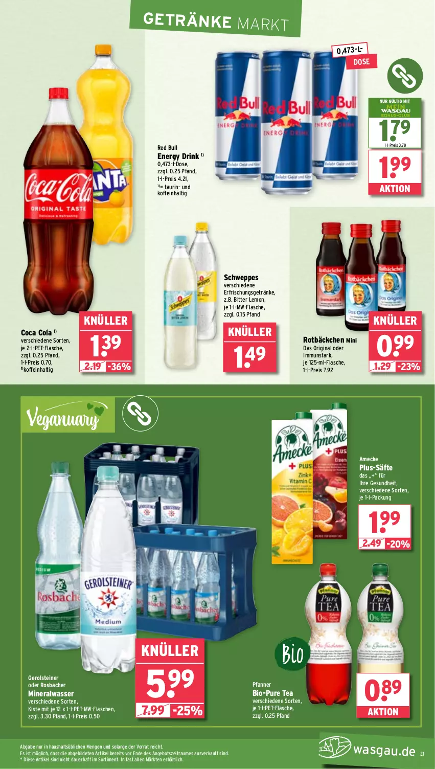 Aktueller Prospekt Wasgau - von 06.01 bis 11.01.2025 - strona 21 - produkty: Alwa, amecke, angebot, auer, bio, bitter lemon, cola, drink, eis, energy drink, erfrischungsgetränk, erfrischungsgetränke, flasche, gerolsteine, gerolsteiner, Gesundheit, getränk, getränke, gin, mineralwasser, mw-flasche, pet-flasche, pfanne, Pfanner, red bull, reis, säfte, schweppes, steiner, Ti, wasser