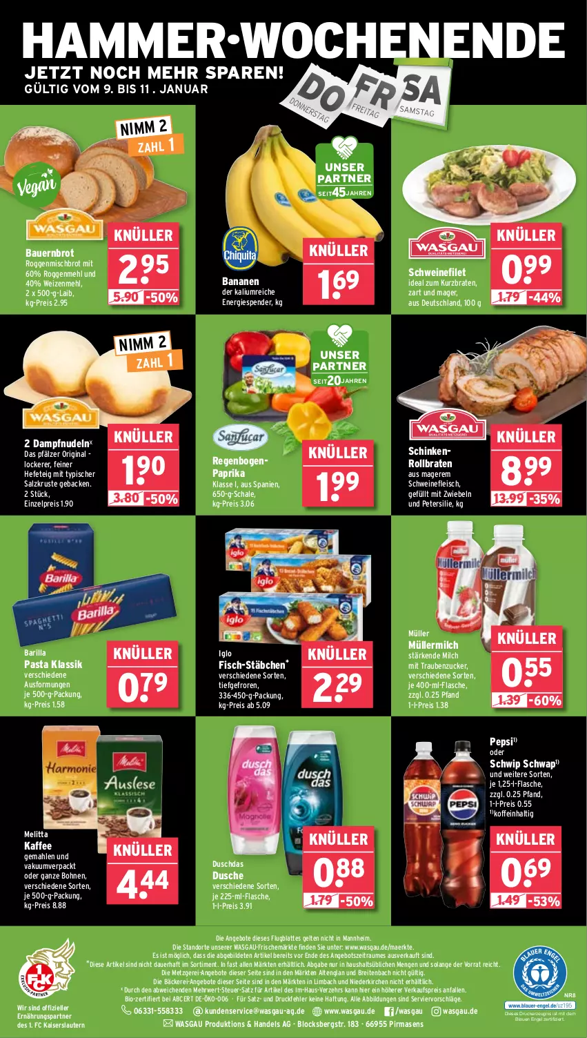 Aktueller Prospekt Wasgau - von 06.01 bis 11.01.2025 - strona 24 - produkty: angebot, angebote, auer, banane, bananen, barilla, Bau, Bauer, bio, bohne, bohnen, braten, Brei, brot, drucker, duschdas, dusche, eis, elle, Engel, filet, fisch, flasche, fleisch, geback, gin, Hefe, iglo, kaffee, Kaiser, kerze, latte, mehl, melitta, milch, mit zwiebeln, Müller, müllermilch, Nimm 2, nudel, nudeln, paprika, pasta, pepsi, petersilie, reis, rollbraten, rwe, salz, Schal, Schale, schinken, schwein, schweine, schweinefilet, schweinefleisch, Schwip Schwap, Ti, trauben, wein, weine, weizenmehl, zucker, zwiebel, zwiebeln