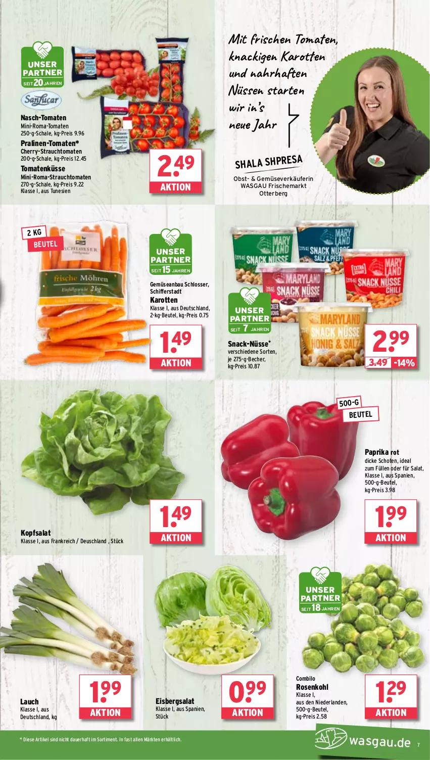 Aktueller Prospekt Wasgau - von 06.01 bis 11.01.2025 - strona 7 - produkty: auer, Bau, Becher, beutel, eis, eisbergsalat, HP, karotten, kopfsalat, obst, paprika, paprika rot, pralinen, Rauch, reis, rosen, Rosenkohl, salat, Schal, Schale, snack, strauchtomaten, Ti, tomate, tomaten