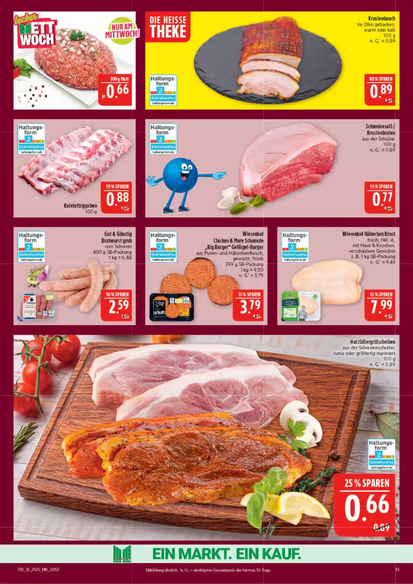 Aktueller Prospekt Marktkauf - Prospekt - von 27.07 bis 02.08.2025 - strona 13 - produkty: Bau, braten, bratwurst, burger, eis, fleisch, geback, Geflügel, gewürz, grill, Hähnchenfleisch, Holz, kotelett, krustenbraten, natur, Ofen, pute, reis, saft, schwein, schweine, Ti, wein, weine, wiesenhof, wurst, ZTE