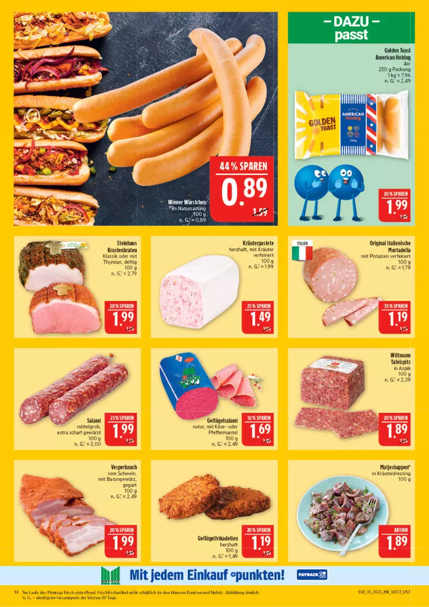 Aktueller Prospekt Marktkauf - Prospekt - von 27.07 bis 02.08.2025 - strona 14 - produkty: bacon, Bau, braten, dell, dressing, eis, elle, fisch, frikadellen, frischfisch, Geflügel, gewürz, gin, golden toast, Käse, kräuter, krustenbraten, LG, Mantel, matjes, mit pistazien, mortadella, natur, pastete, pfeffer, pistazien, reis, salami, schwein, steinhaus, tafelspitz, Ti, toast, wein, wiltmann, ZTE